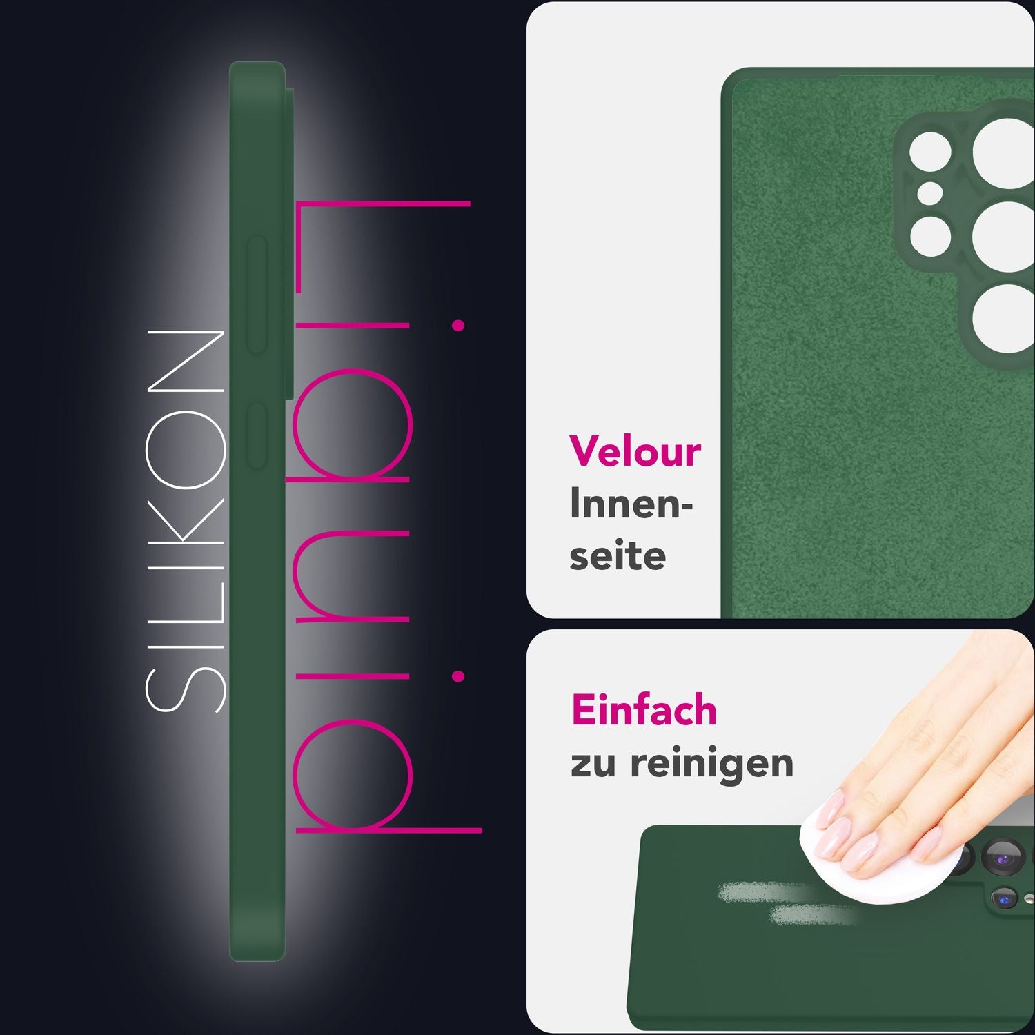 NALIA Phoenix für Samsung Galaxy S25 Ultra Hülle, Abwischbare Samt-Weiche Flüssigsilikon Handyhülle, Mikrofaser-Innenfutter, Dünne Rutschfeste Silikon Schutzhülle Waldnacht Grün NALIA Protective Hülle