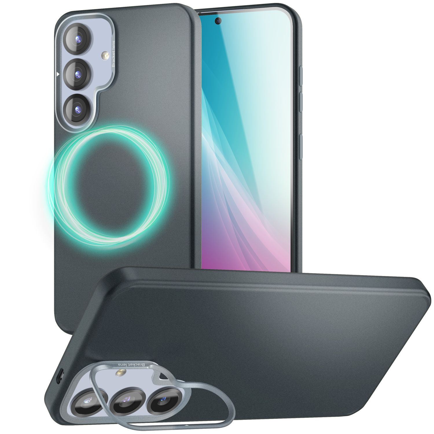 NALIA Overland für Samsung Galaxy S25 Hülle für MagSafe, Ultra Dünnes Hardcase mit Unsichtbarem Magnet-Ring, Ausklappbarer Kamera-Ständer, Mattierte Schutzhülle - Titan Schwarz