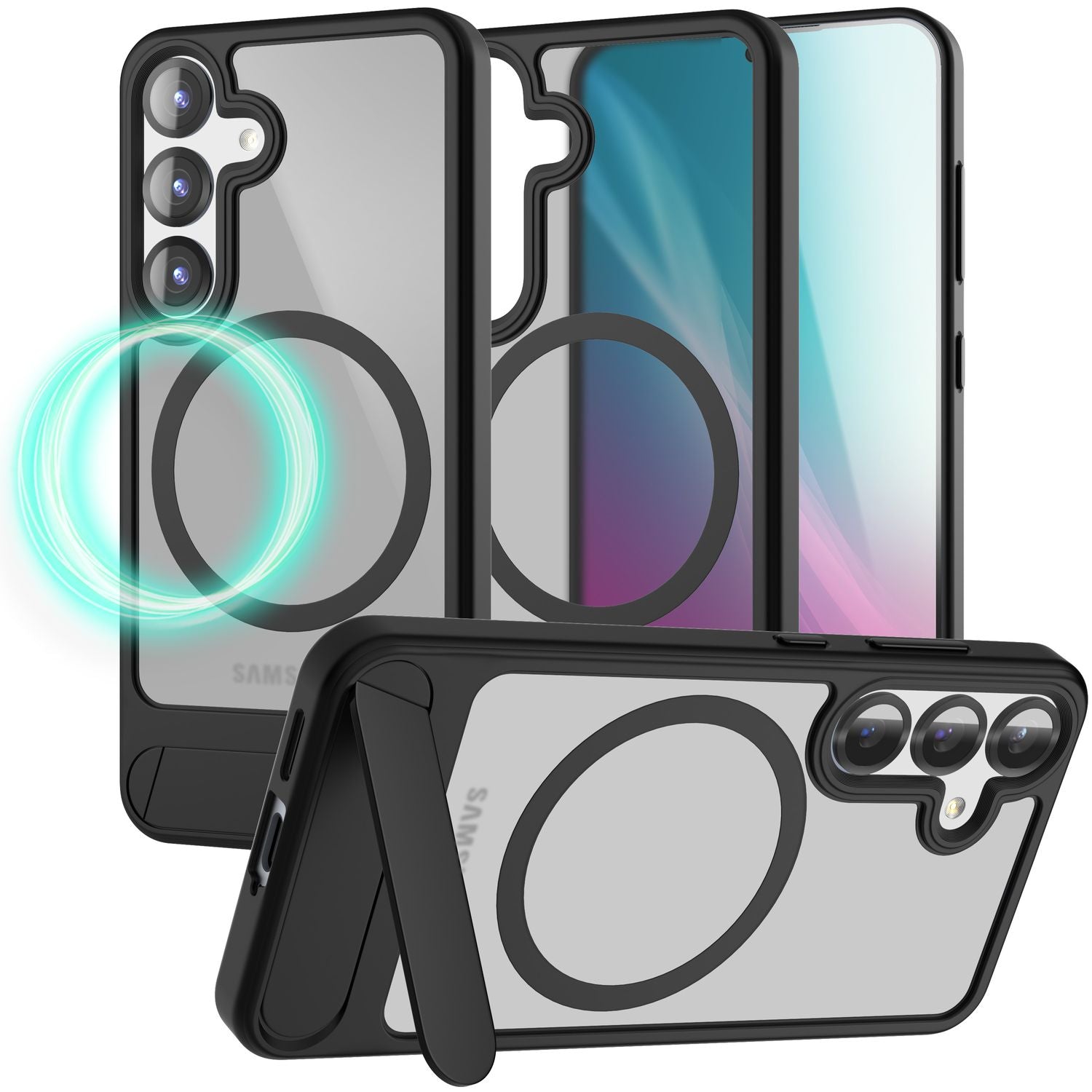 NALIA Triton für Samsung Galaxy S25 Plus Hülle für MagSafe, Magnethülle mit Klappbarem Stand, Ring für Magnetisches Laden, Halb-Transparente Schutzhülle mit schwarzem Silikon-Rand