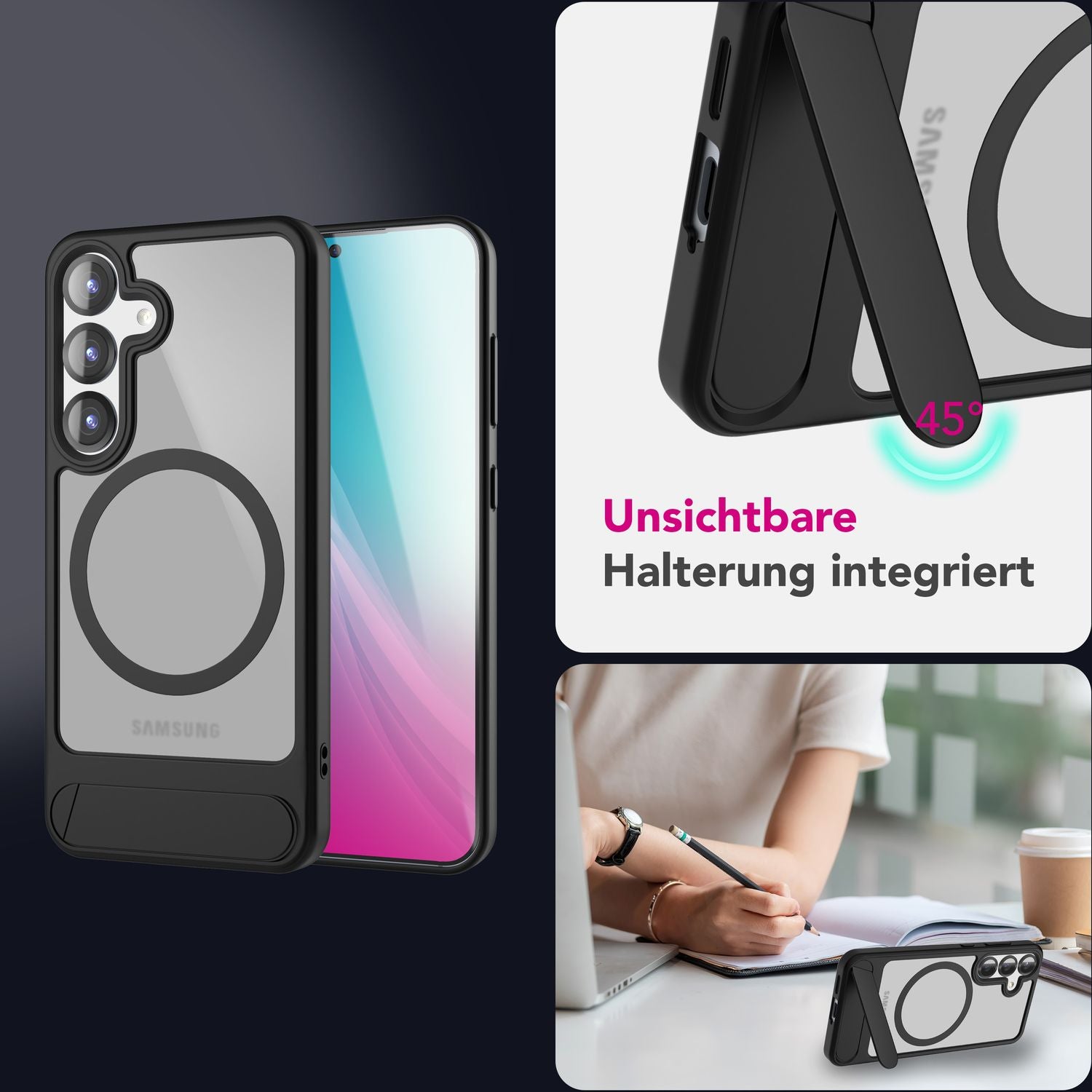 NALIA Triton für Samsung Galaxy S25 Plus Hülle für MagSafe, Magnethülle mit Klappbarem Stand, Ring für Magnetisches Laden, Halb-Transparente Schutzhülle mit schwarzem Silikon-Rand Default Title NALIA Protective Hülle