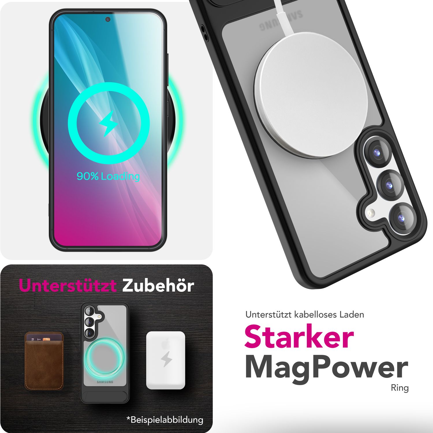 NALIA Triton für Samsung Galaxy S25 Plus Hülle für MagSafe, Magnethülle mit Klappbarem Stand, Ring für Magnetisches Laden, Halb-Transparente Schutzhülle mit schwarzem Silikon-Rand Default Title NALIA Protective Hülle