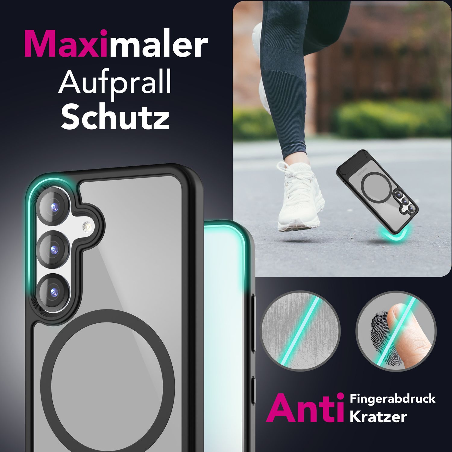 NALIA Triton für Samsung Galaxy S25 Plus Hülle für MagSafe, Magnethülle mit Klappbarem Stand, Ring für Magnetisches Laden, Halb-Transparente Schutzhülle mit schwarzem Silikon-Rand Default Title NALIA Protective Hülle