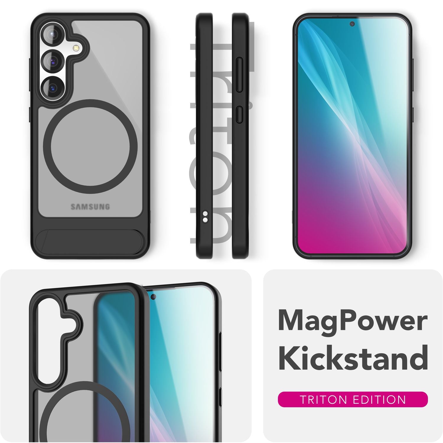 NALIA Triton für Samsung Galaxy S25 Plus Hülle für MagSafe, Magnethülle mit Klappbarem Stand, Ring für Magnetisches Laden, Halb-Transparente Schutzhülle mit schwarzem Silikon-Rand Default Title NALIA Protective Hülle