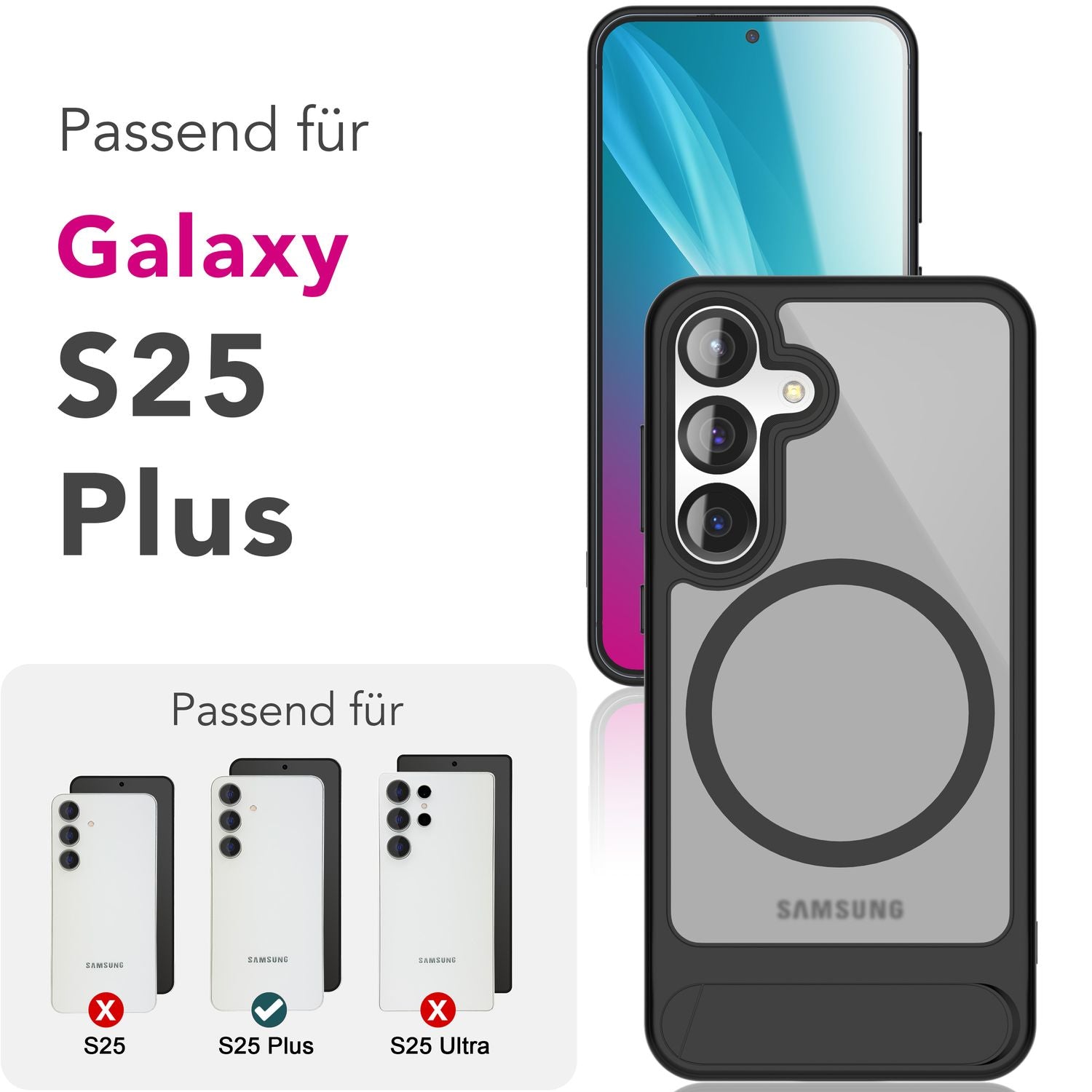 NALIA Triton für Samsung Galaxy S25 Plus Hülle für MagSafe, Magnethülle mit Klappbarem Stand, Ring für Magnetisches Laden, Halb-Transparente Schutzhülle mit schwarzem Silikon-Rand Default Title NALIA Protective Hülle