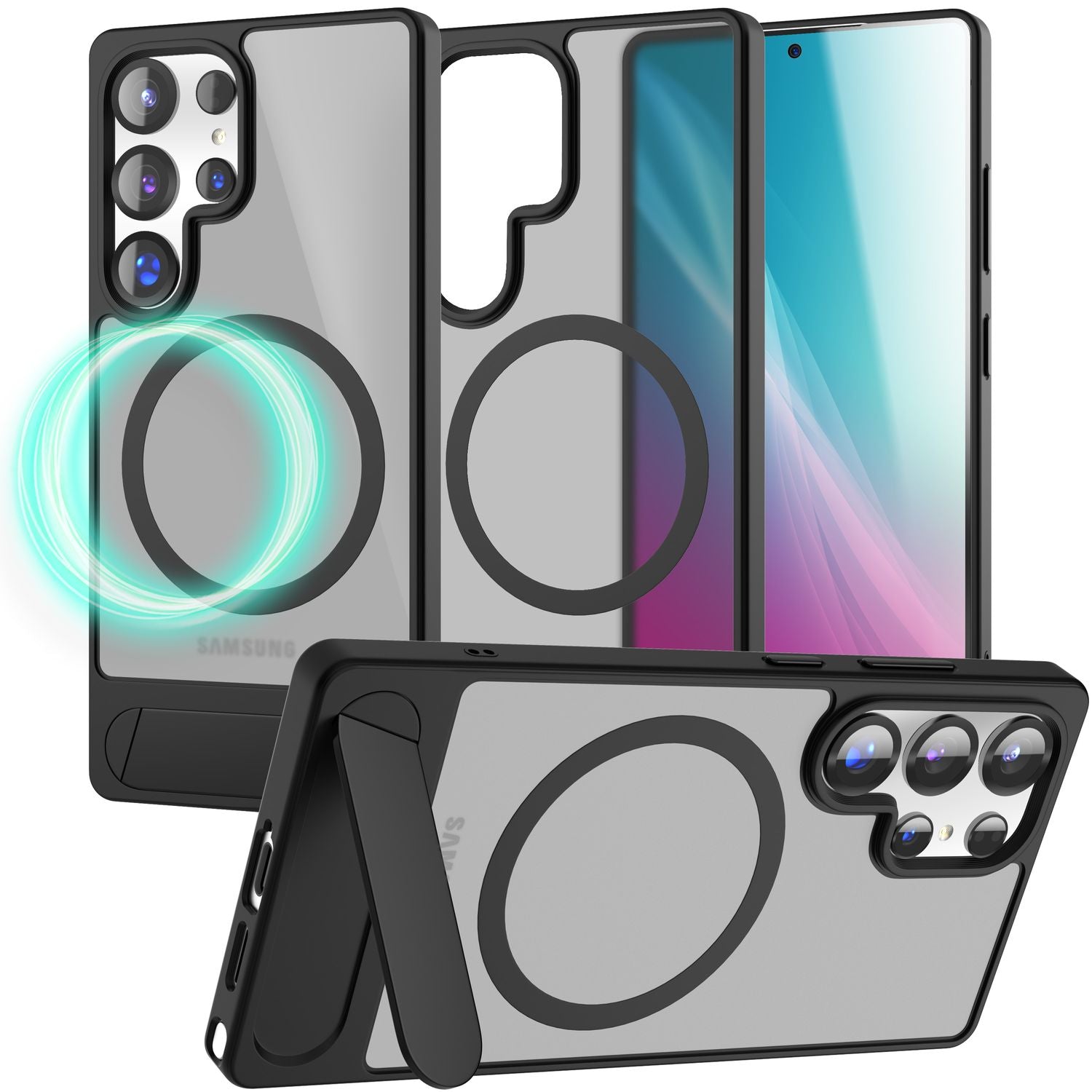 NALIA Triton für Samsung Galaxy S25 Ultra Hülle für MagSafe, Magnethülle mit Standfuß, Ring für Magnetisches Laden, Semi-Transparente Handyhülle mit Silikon-Rahmen