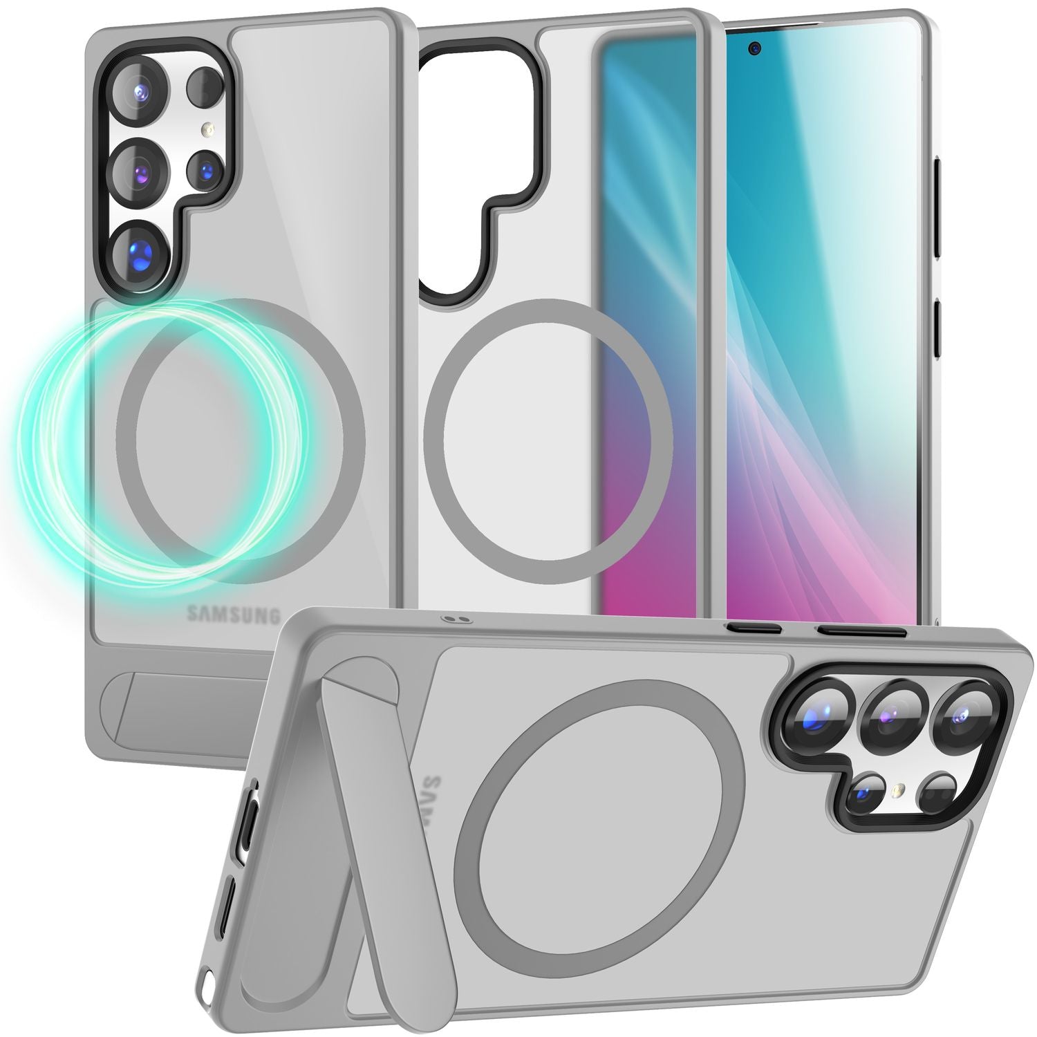 NALIA Triton für Samsung Galaxy S25 Ultra Hülle für MagSafe, Magnethülle mit Standfuß, Ring für Magnetisches Laden, Semi-Transparente Handyhülle mit Silikon-Rahmen Titan Grau NALIA Protective Hülle