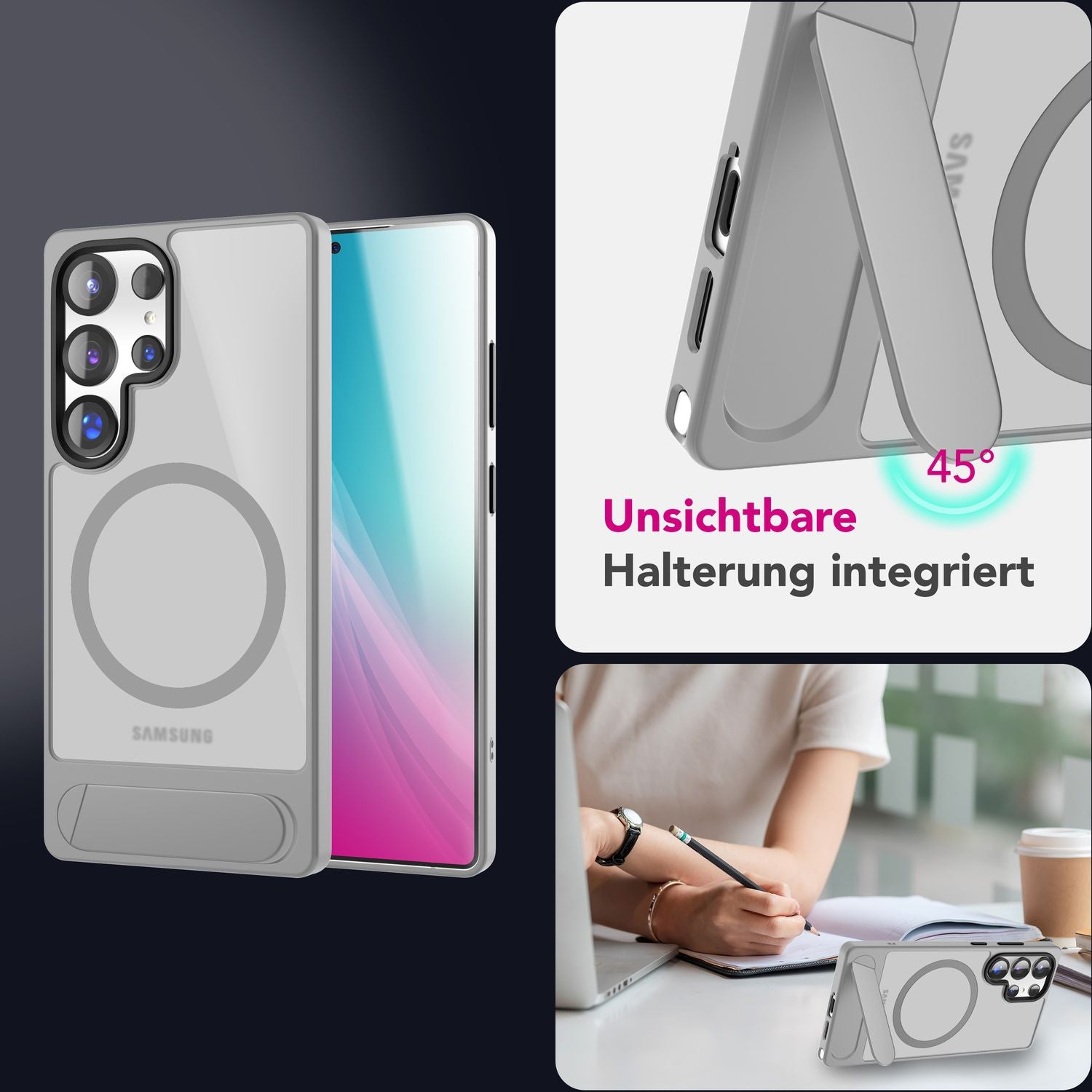 NALIA Triton für Samsung Galaxy S25 Ultra Hülle für MagSafe, Magnethülle mit Standfuß, Ring für Magnetisches Laden, Semi-Transparente Handyhülle mit Silikon-Rahmen Titan Grau NALIA Protective Hülle