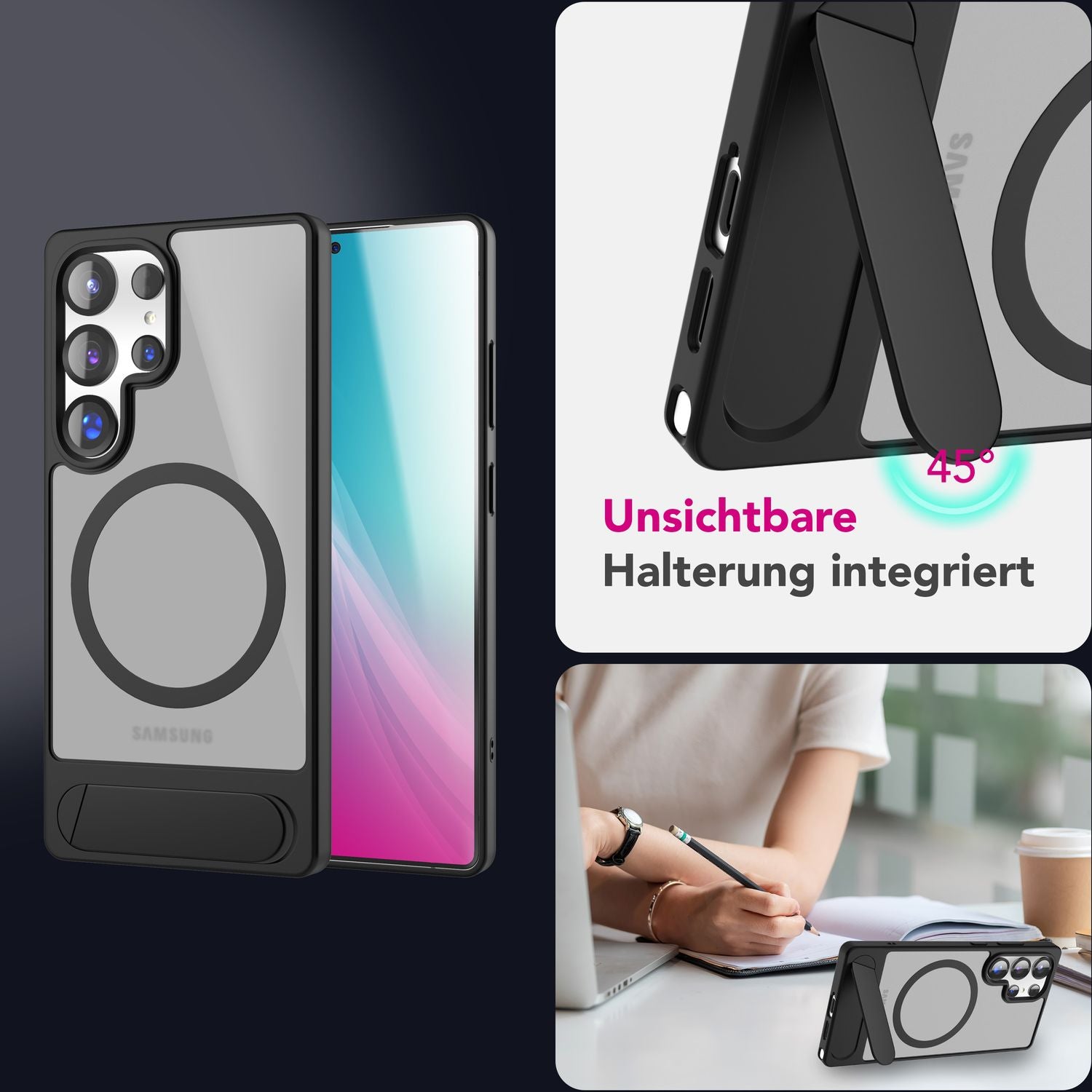 NALIA Triton für Samsung Galaxy S25 Ultra Hülle für MagSafe, Magnethülle mit Standfuß, Ring für Magnetisches Laden, Semi-Transparente Handyhülle mit Silikon-Rahmen Titan Schwarz NALIA Protective Hülle