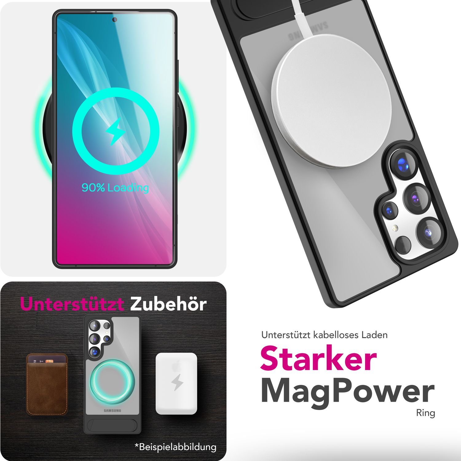 NALIA Triton für Samsung Galaxy S25 Ultra Hülle für MagSafe, Magnethülle mit Standfuß, Ring für Magnetisches Laden, Semi-Transparente Handyhülle mit Silikon-Rahmen Titan Schwarz NALIA Protective Hülle