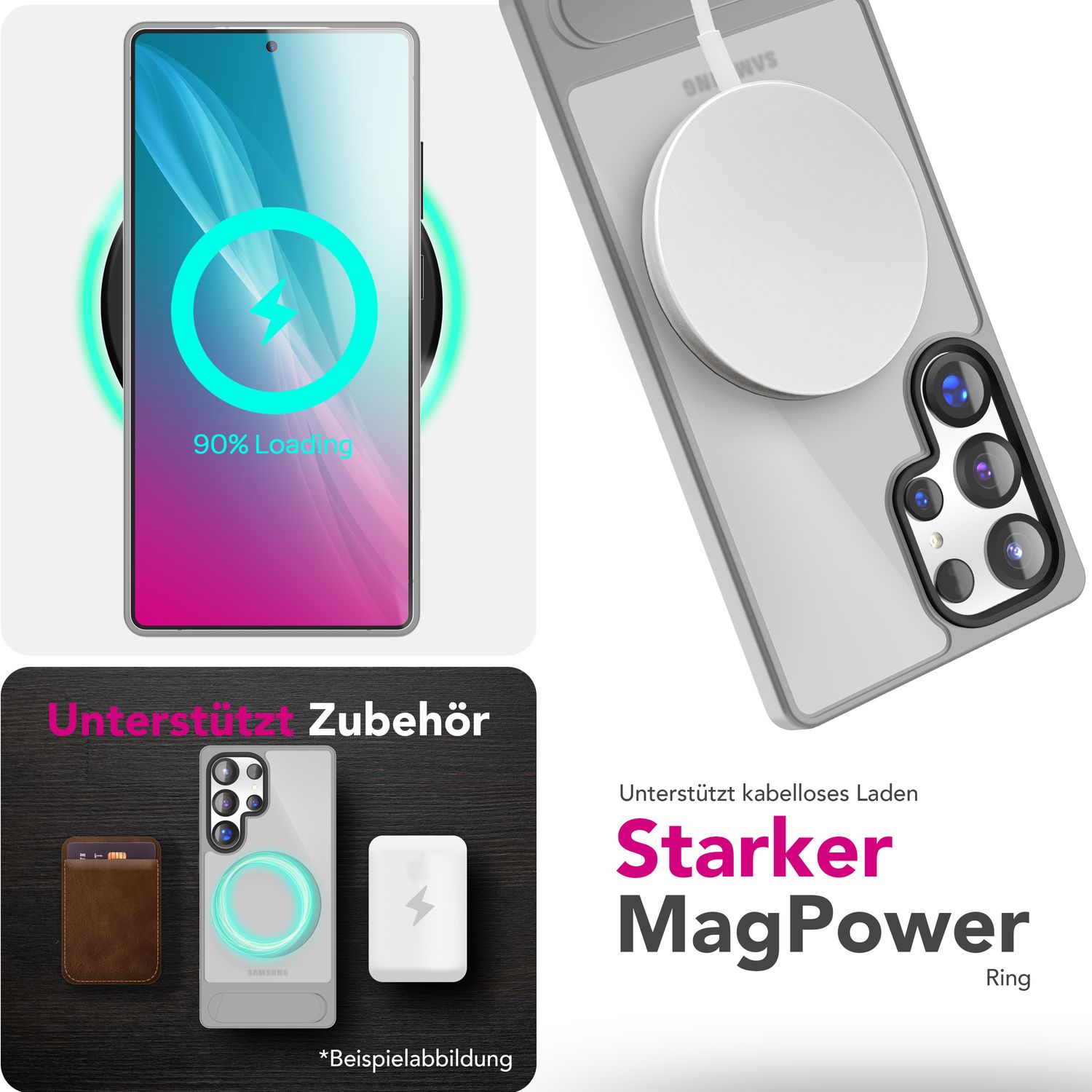 NALIA Triton für Samsung Galaxy S25 Ultra Hülle für MagSafe, Magnethülle mit Standfuß, Ring für Magnetisches Laden, Semi-Transparente Handyhülle mit Silikon-Rahmen Titan Grau NALIA Protective Hülle