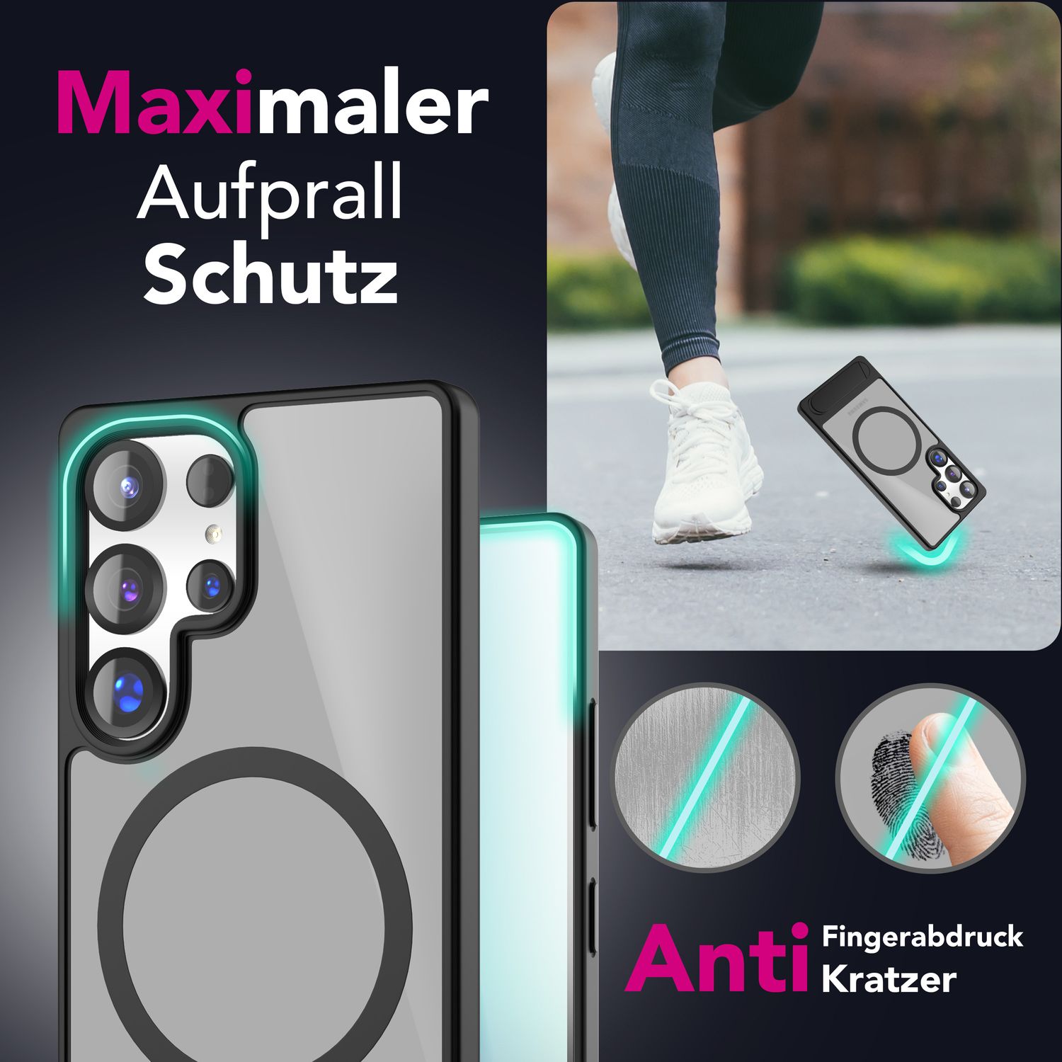 NALIA Triton für Samsung Galaxy S25 Ultra Hülle für MagSafe, Magnethülle mit Standfuß, Ring für Magnetisches Laden, Semi-Transparente Handyhülle mit Silikon-Rahmen Titan Schwarz NALIA Protective Hülle