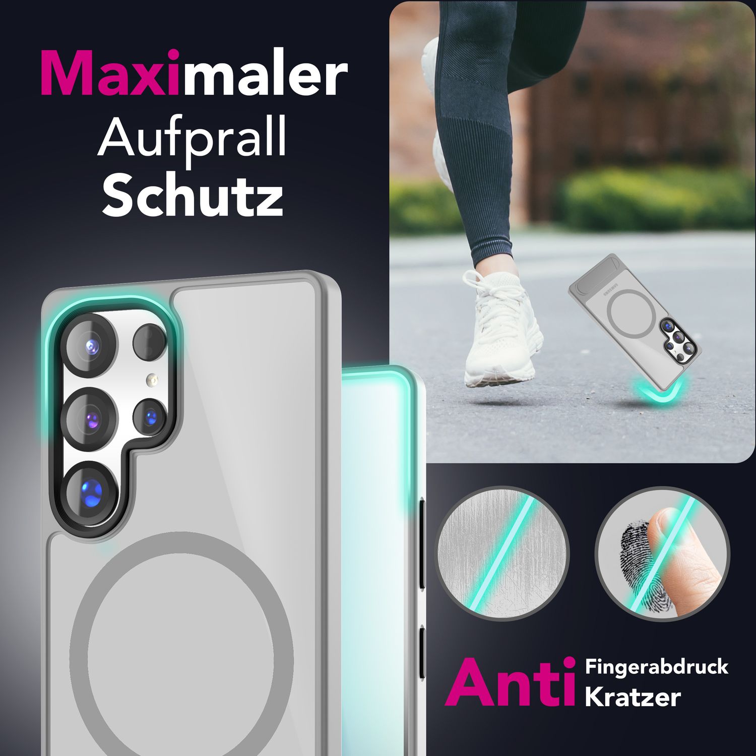 NALIA Triton für Samsung Galaxy S25 Ultra Hülle für MagSafe, Magnethülle mit Standfuß, Ring für Magnetisches Laden, Semi-Transparente Handyhülle mit Silikon-Rahmen Titan Grau NALIA Protective Hülle