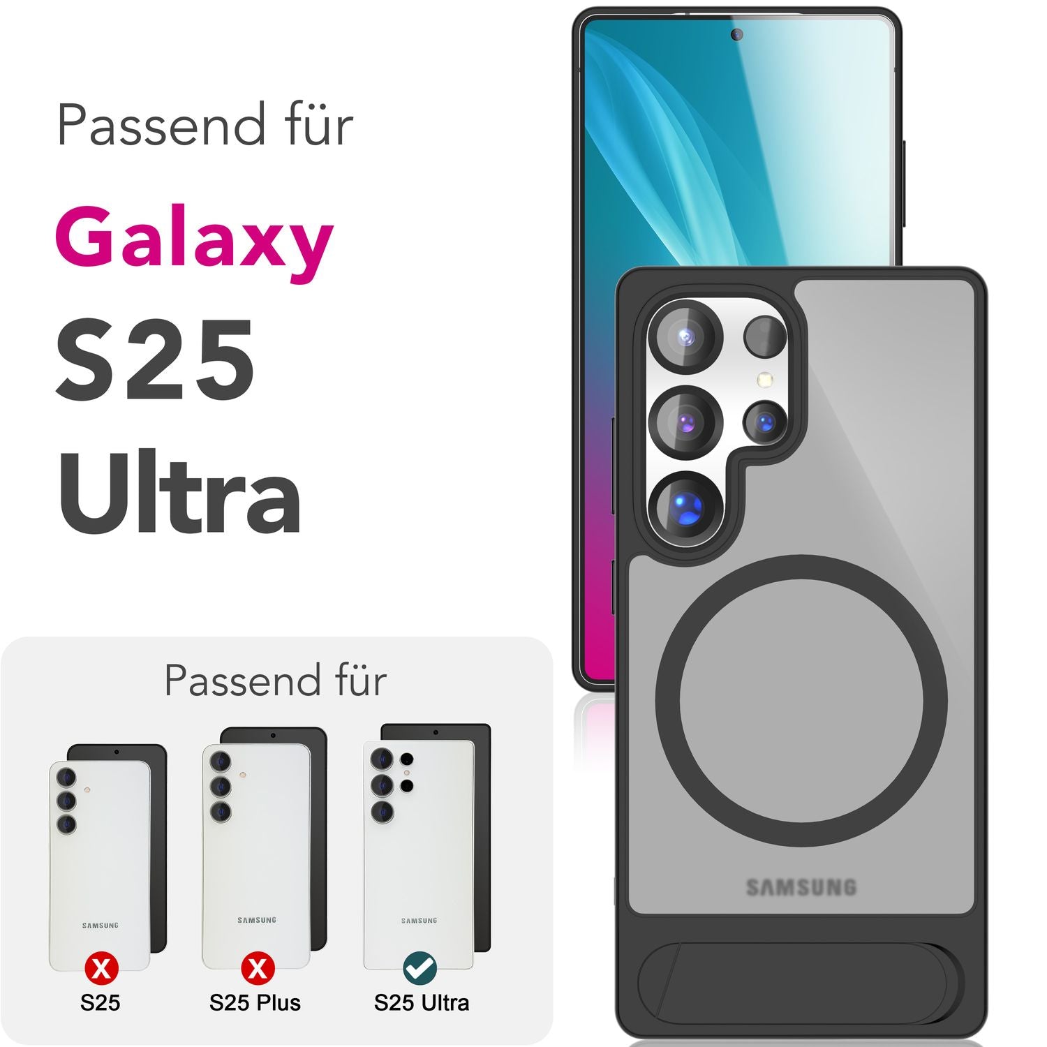 NALIA Triton für Samsung Galaxy S25 Ultra Hülle für MagSafe, Magnethülle mit Standfuß, Ring für Magnetisches Laden, Semi-Transparente Handyhülle mit Silikon-Rahmen Titan Schwarz NALIA Protective Hülle