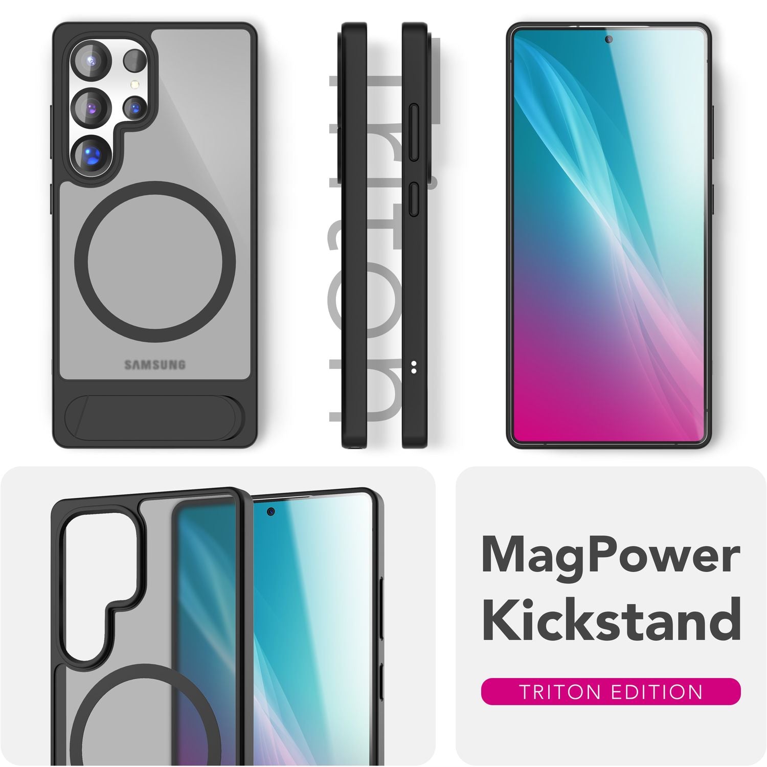 NALIA Triton für Samsung Galaxy S25 Ultra Hülle für MagSafe, Magnethülle mit Standfuß, Ring für Magnetisches Laden, Semi-Transparente Handyhülle mit Silikon-Rahmen Titan Schwarz NALIA Protective Hülle