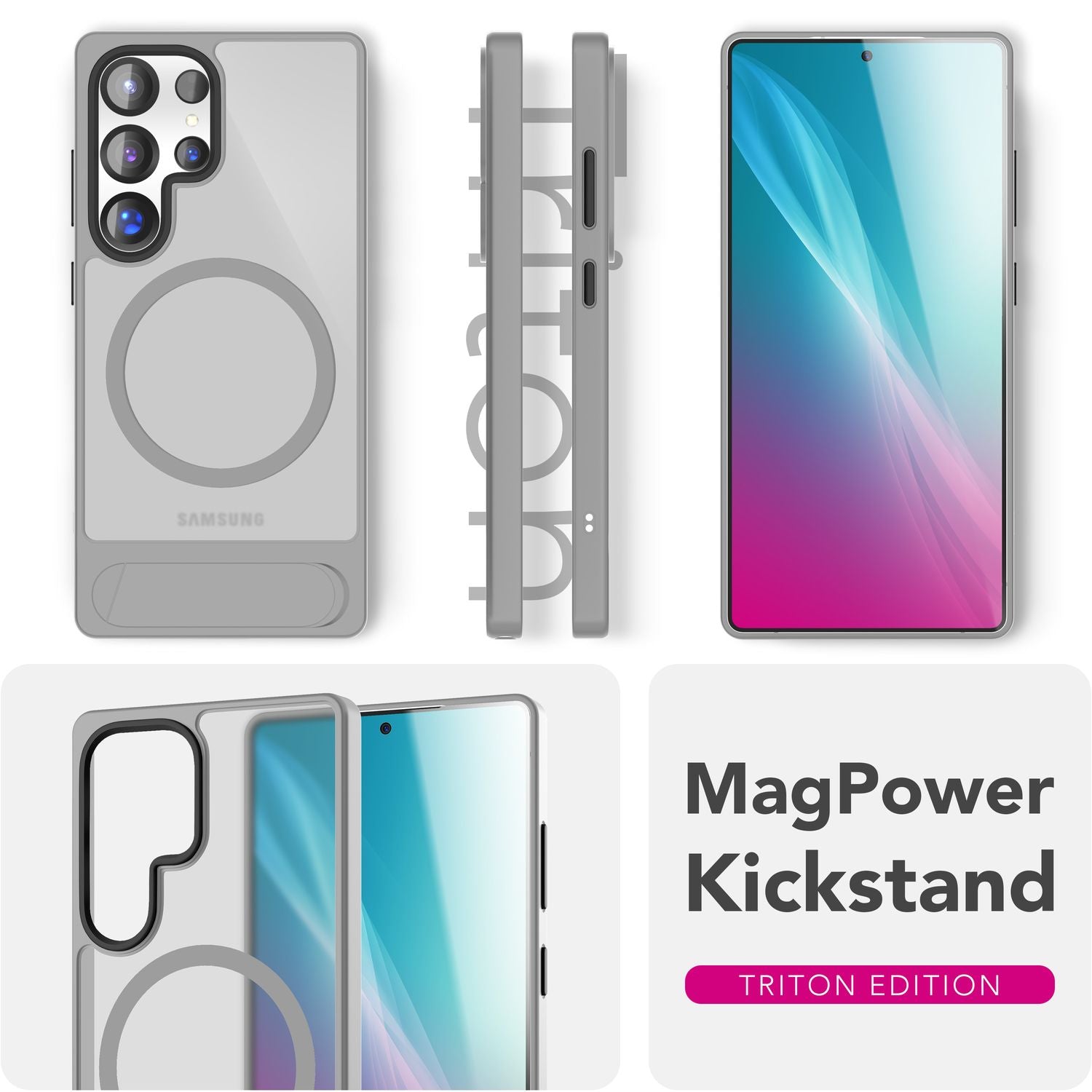 NALIA Triton für Samsung Galaxy S25 Ultra Hülle für MagSafe, Magnethülle mit Standfuß, Ring für Magnetisches Laden, Semi-Transparente Handyhülle mit Silikon-Rahmen Titan Grau NALIA Protective Hülle