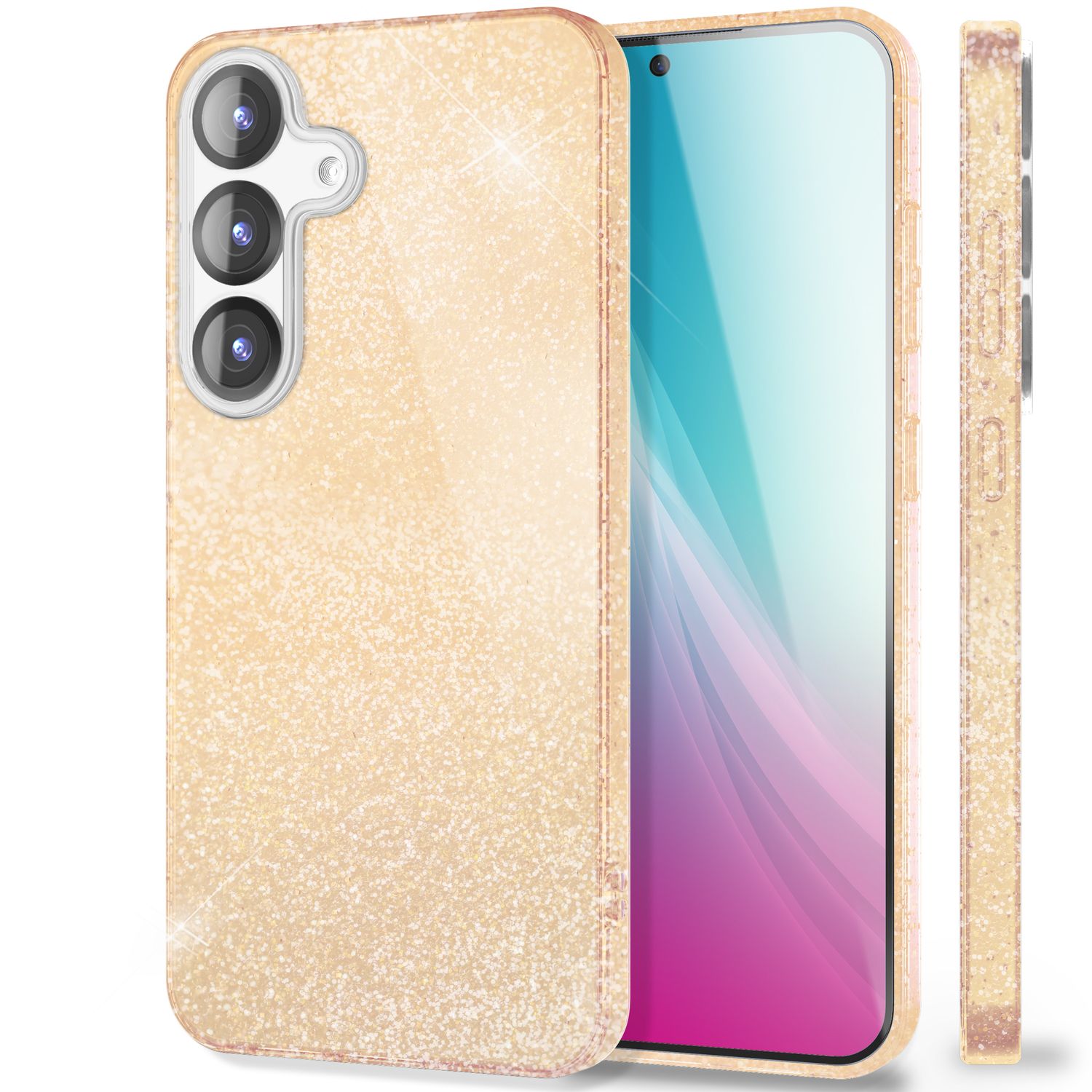 NALIA ShinePop für Samsung Galaxy S25 Hülle, Glänzende Glamour Glitzerhülle, Stabile Funkelnde Silikonhülle, Diamant Strass Glitzer Schutzhülle, Glitter Handyhülle Goldstaub NALIA Protective Hülle