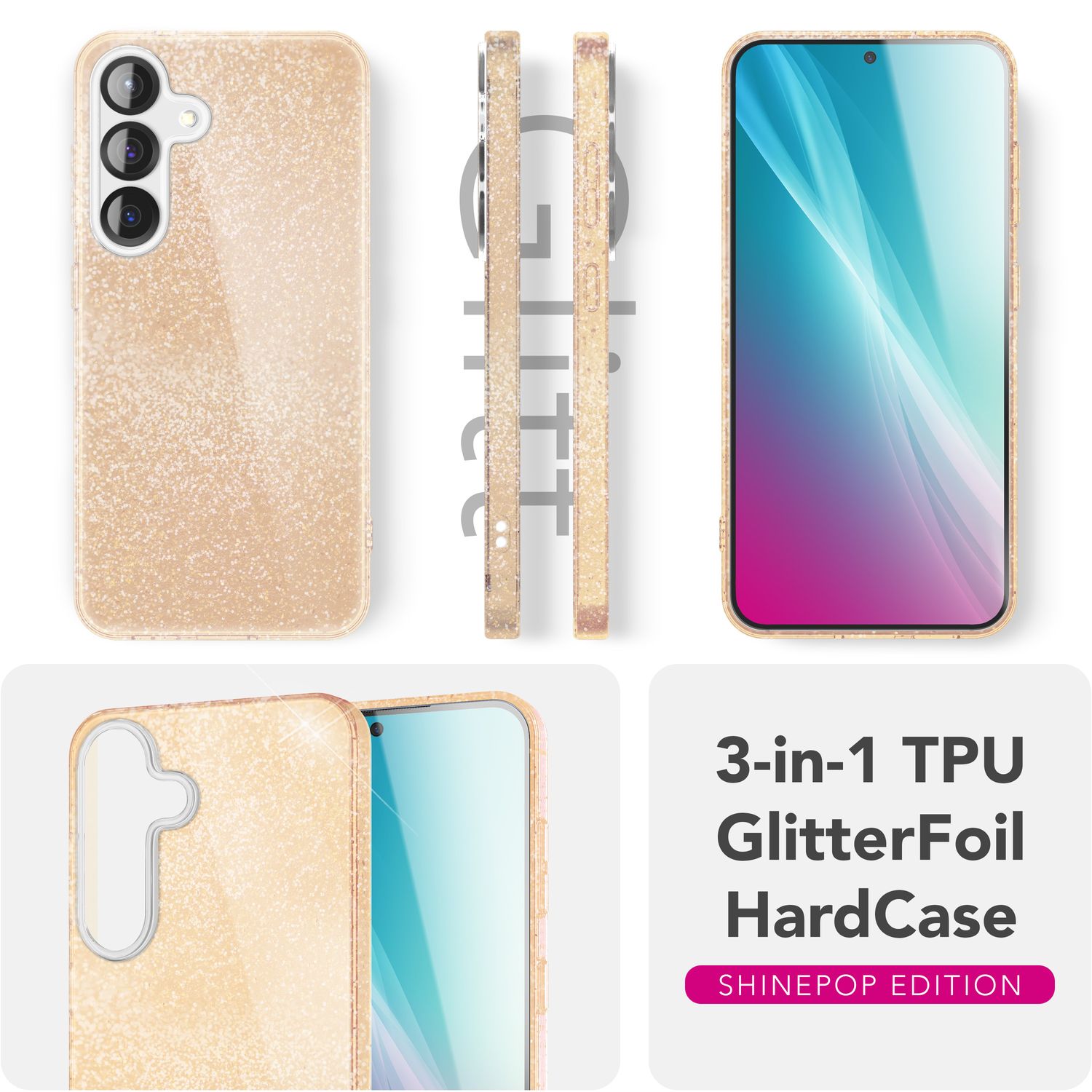NALIA ShinePop für Samsung Galaxy S25 Hülle, Glänzende Glamour Glitzerhülle, Stabile Funkelnde Silikonhülle, Diamant Strass Glitzer Schutzhülle, Glitter Handyhülle Mondsilber NALIA Protective Hülle