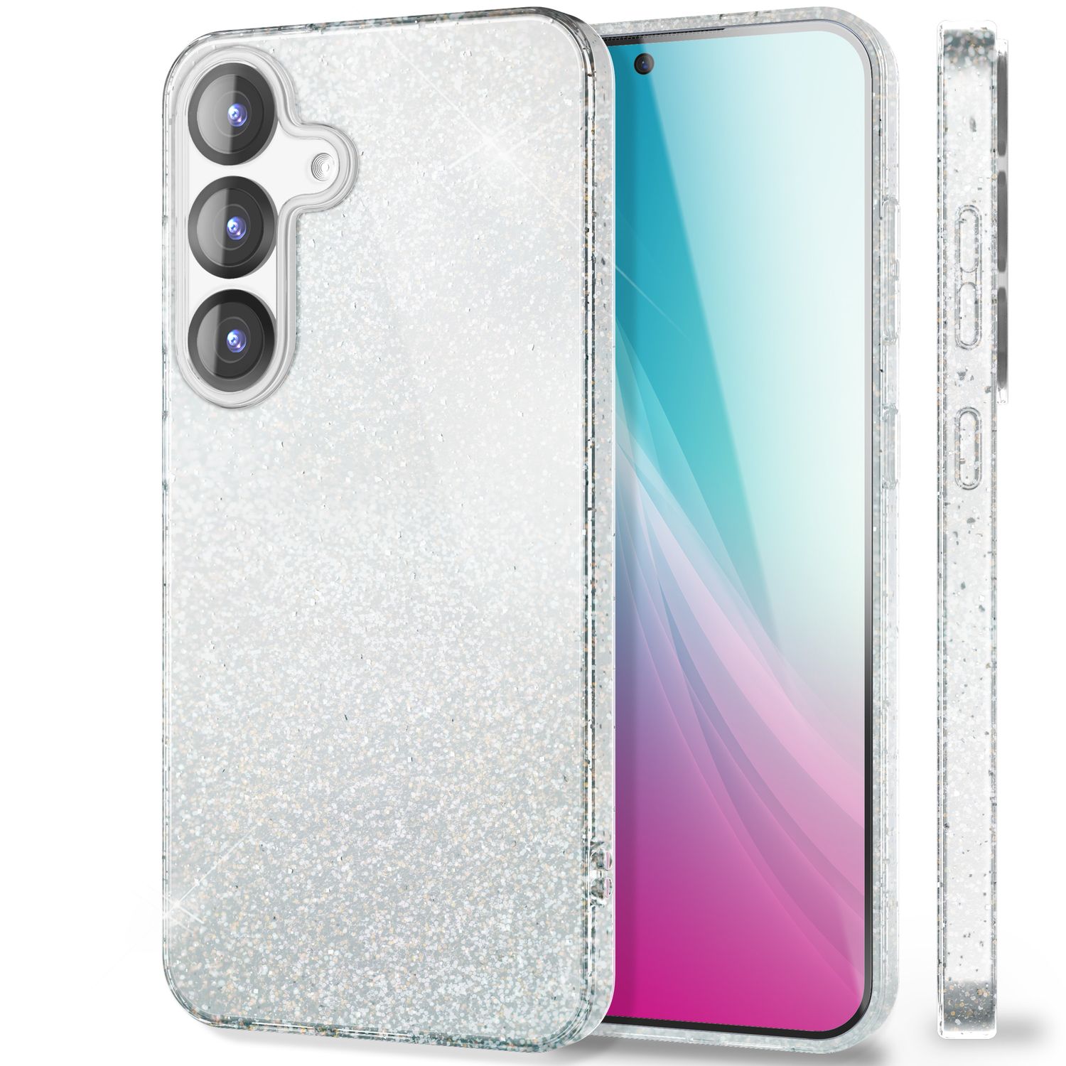 NALIA ShinePop für Samsung Galaxy S25 Hülle, Glänzende Glamour Glitzerhülle, Stabile Funkelnde Silikonhülle, Diamant Strass Glitzer Schutzhülle, Glitter Handyhülle Mondsilber NALIA Protective Hülle