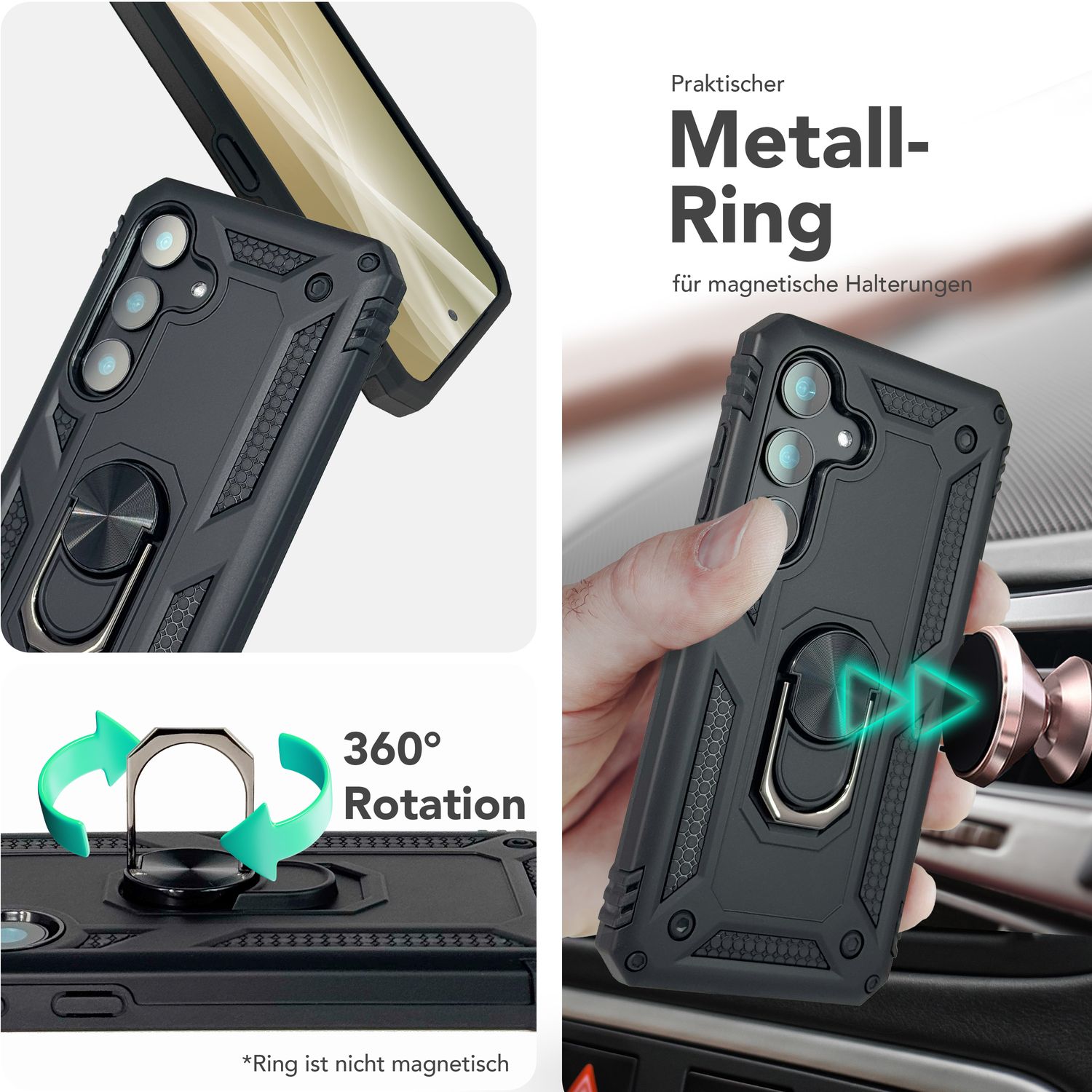 NALIA RingDefend für Samsung Galaxy S25 Hülle, Panzer Ringhülle im Militär-Stil, Schock-Resistente Schutzhülle mit 360° Drehbarem Ring, für Ständer und Finger-Halter
