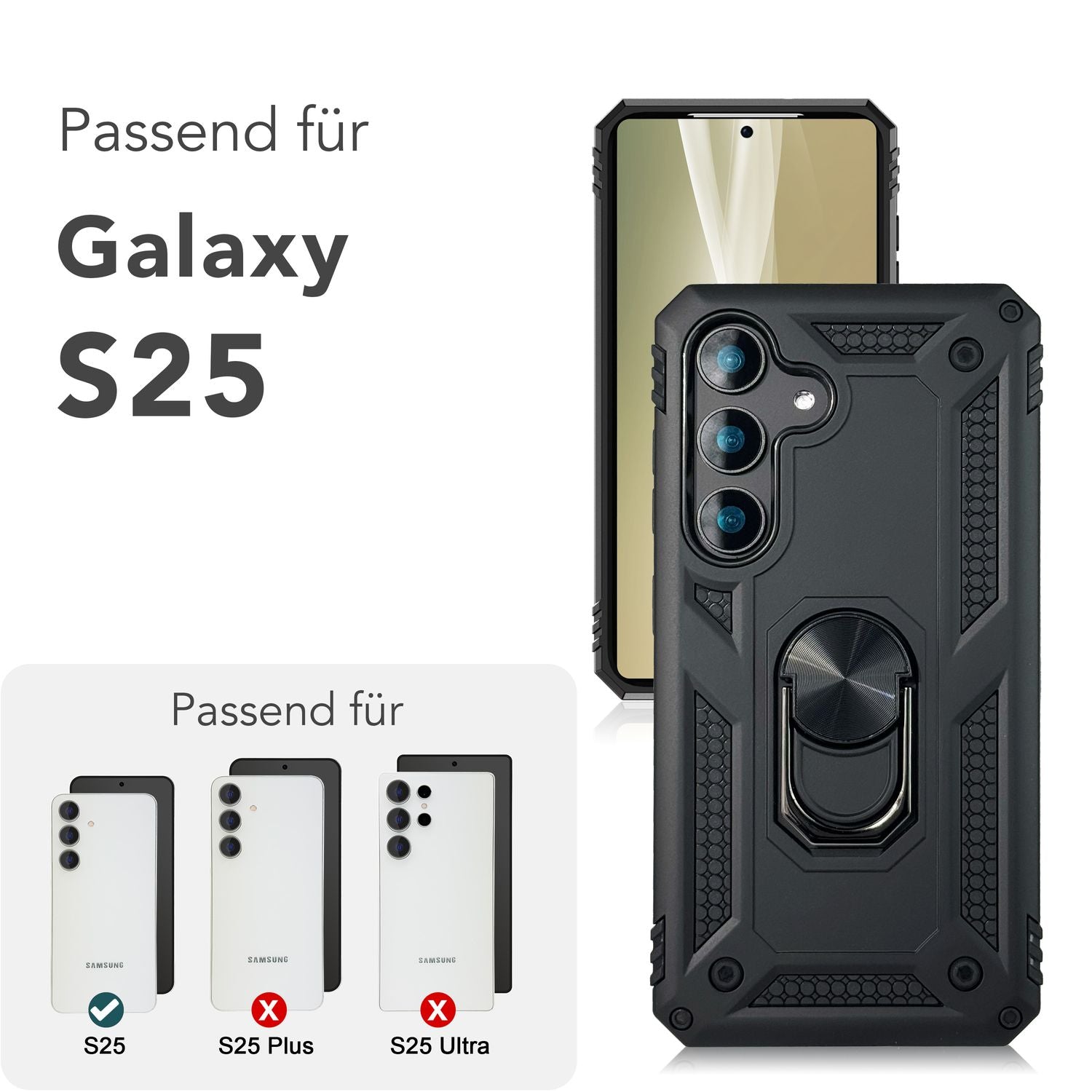 NALIA RingDefend für Samsung Galaxy S25 Hülle, Panzer Ringhülle im Militär-Stil, Schock-Resistente Schutzhülle mit 360° Drehbarem Ring, für Ständer und Finger-Halter