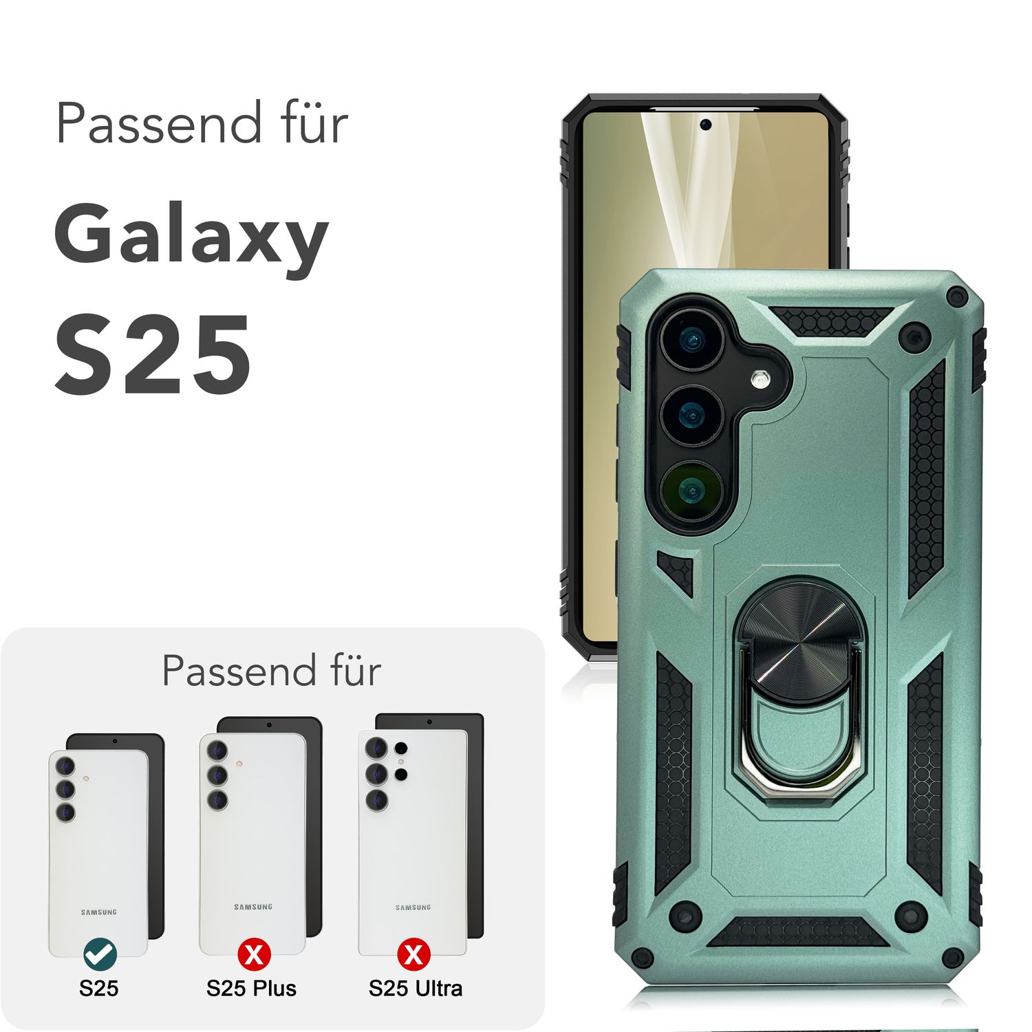 NALIA RingDefend für Samsung Galaxy S25 Hülle, Panzer Ringhülle im Militär-Stil, Schock-Resistente Schutzhülle mit 360° Drehbarem Ring, für Ständer und Finger-Halter
