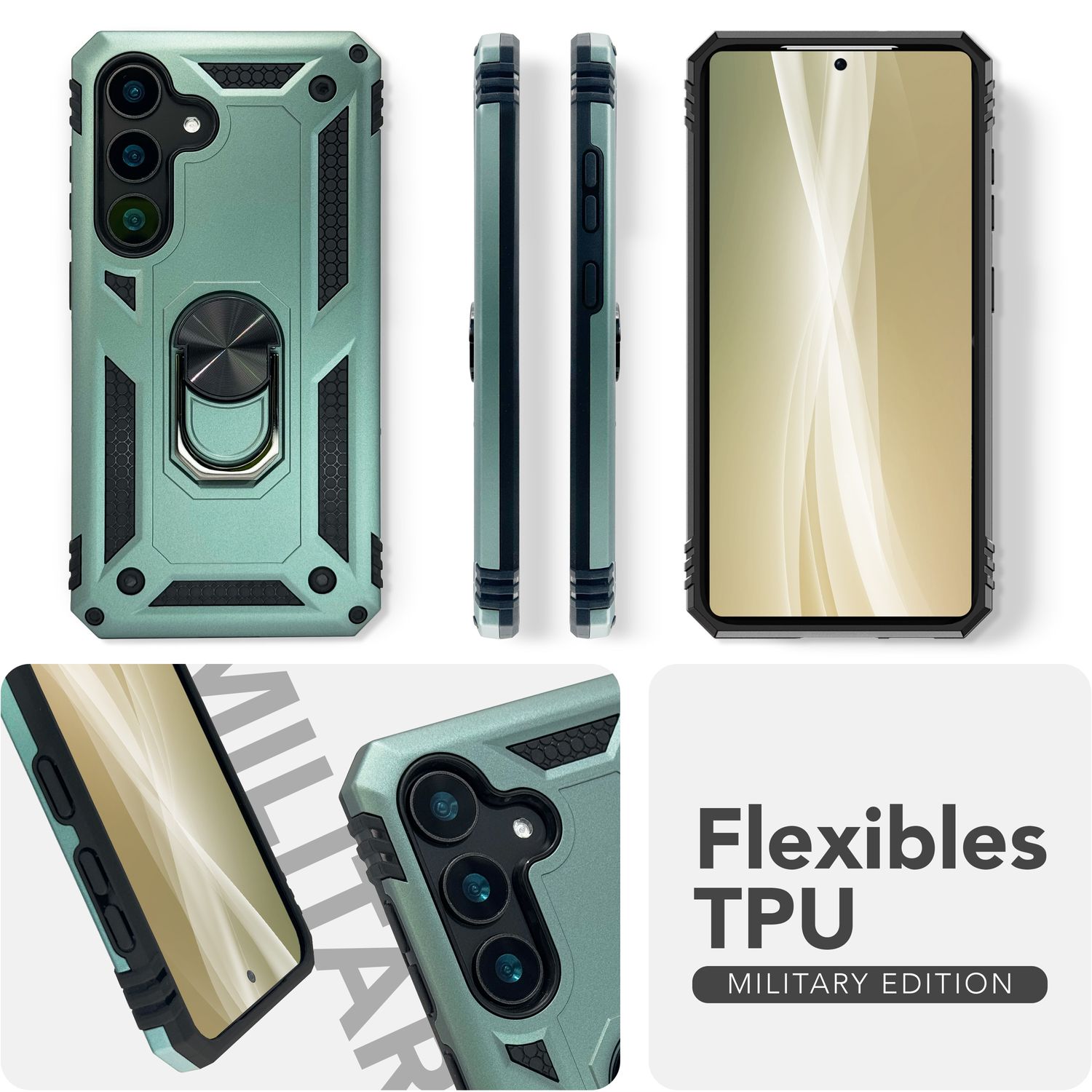 NALIA RingDefend für Samsung Galaxy S25 Plus Hülle, Stoßfeste Fallschutz Ringhülle, 360° Drehbarer Ring für Stand und Finger-Halter, Militär-Stil Panzer Schutzhülle