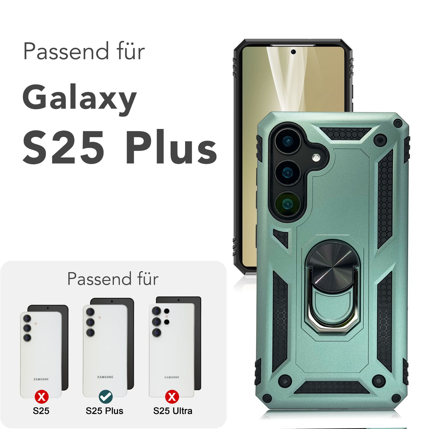 NALIA RingDefend für Samsung Galaxy S25 Plus Hülle, Stoßfeste Fallschutz Ringhülle, 360° Drehbarer Ring für Stand und Finger-Halter, Militär-Stil Panzer Schutzhülle