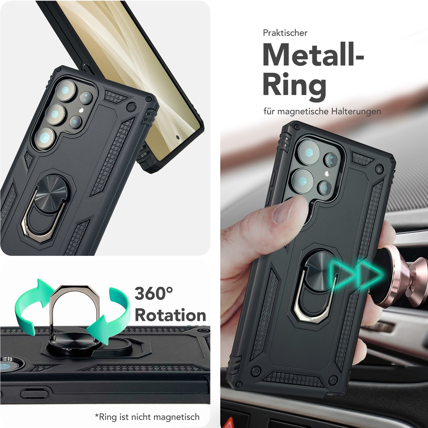 NALIA RingDefend für Samsung Galaxy S25 Ultra Hülle, Schockfeste Military Style Ringhülle, Kickstand Panzerhülle, 360° Rotierbarer Ring für Ständer und Finger-Halter