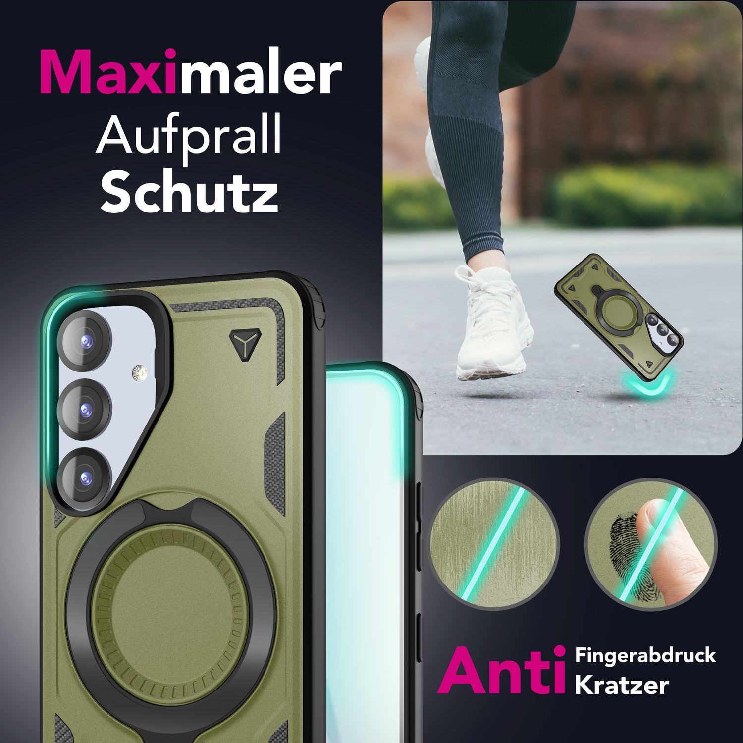 NALIA Stormguard für Samsung Galaxy S25 Hülle für MagSafe, Armor Fallschutz Ringhülle, Stoßfeste Schutzhülle mit 360° Rotationsring für Ständer und Magnetisch Laden Titan Grün NALIA Outdoor Hülle