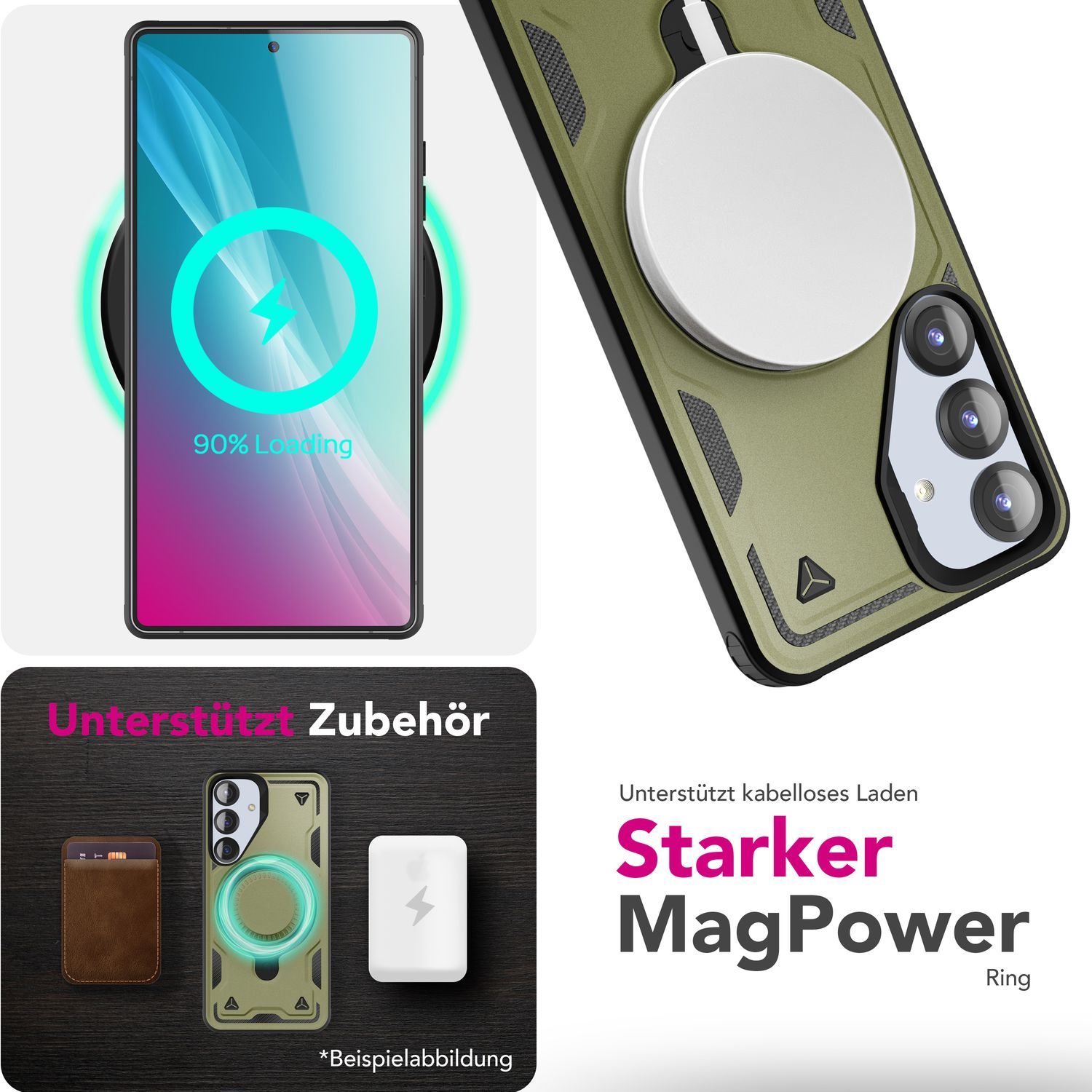 NALIA Stormguard für Samsung Galaxy S25 Hülle für MagSafe, Armor Fallschutz Ringhülle, Stoßfeste Schutzhülle mit 360° Rotationsring für Ständer und Magnetisch Laden Titan Grün NALIA Outdoor Hülle