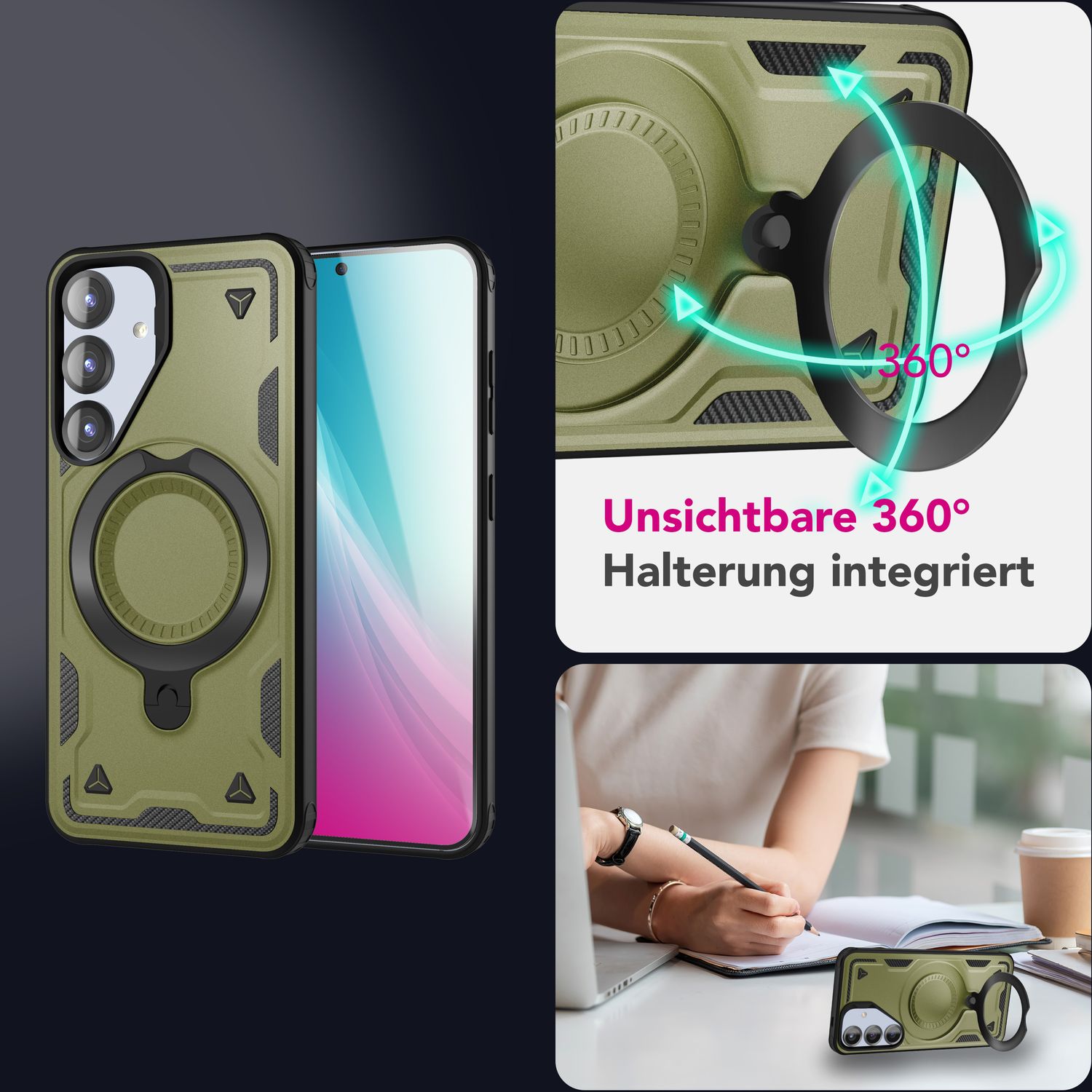 NALIA Stormguard für Samsung Galaxy S25 Hülle für MagSafe, Armor Fallschutz Ringhülle, Stoßfeste Schutzhülle mit 360° Rotationsring für Ständer und Magnetisch Laden Titan Grün NALIA Outdoor Hülle