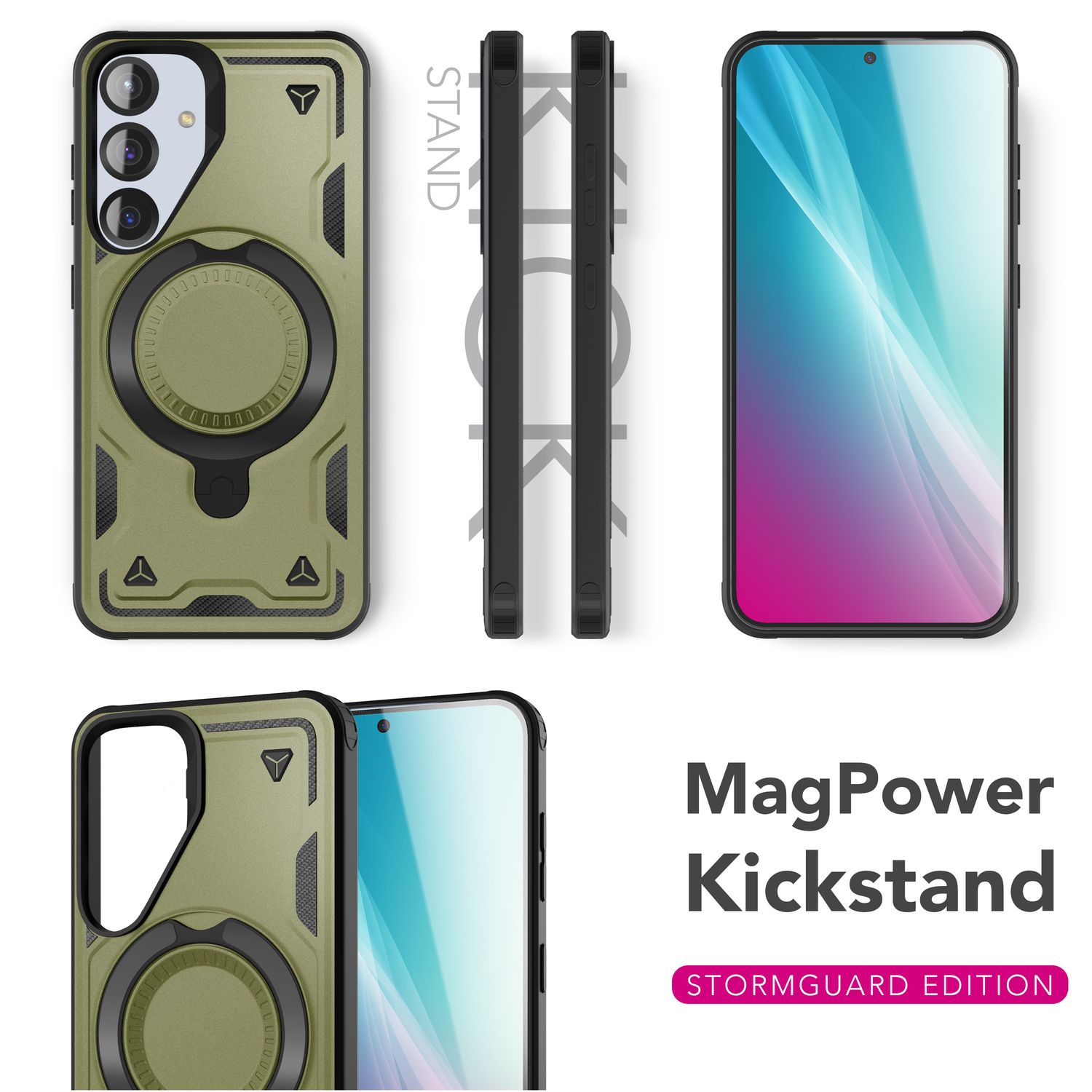 NALIA Stormguard für Samsung Galaxy S25 Hülle für MagSafe, Armor Fallschutz Ringhülle, Stoßfeste Schutzhülle mit 360° Rotationsring für Ständer und Magnetisch Laden Titan Grün NALIA Outdoor Hülle