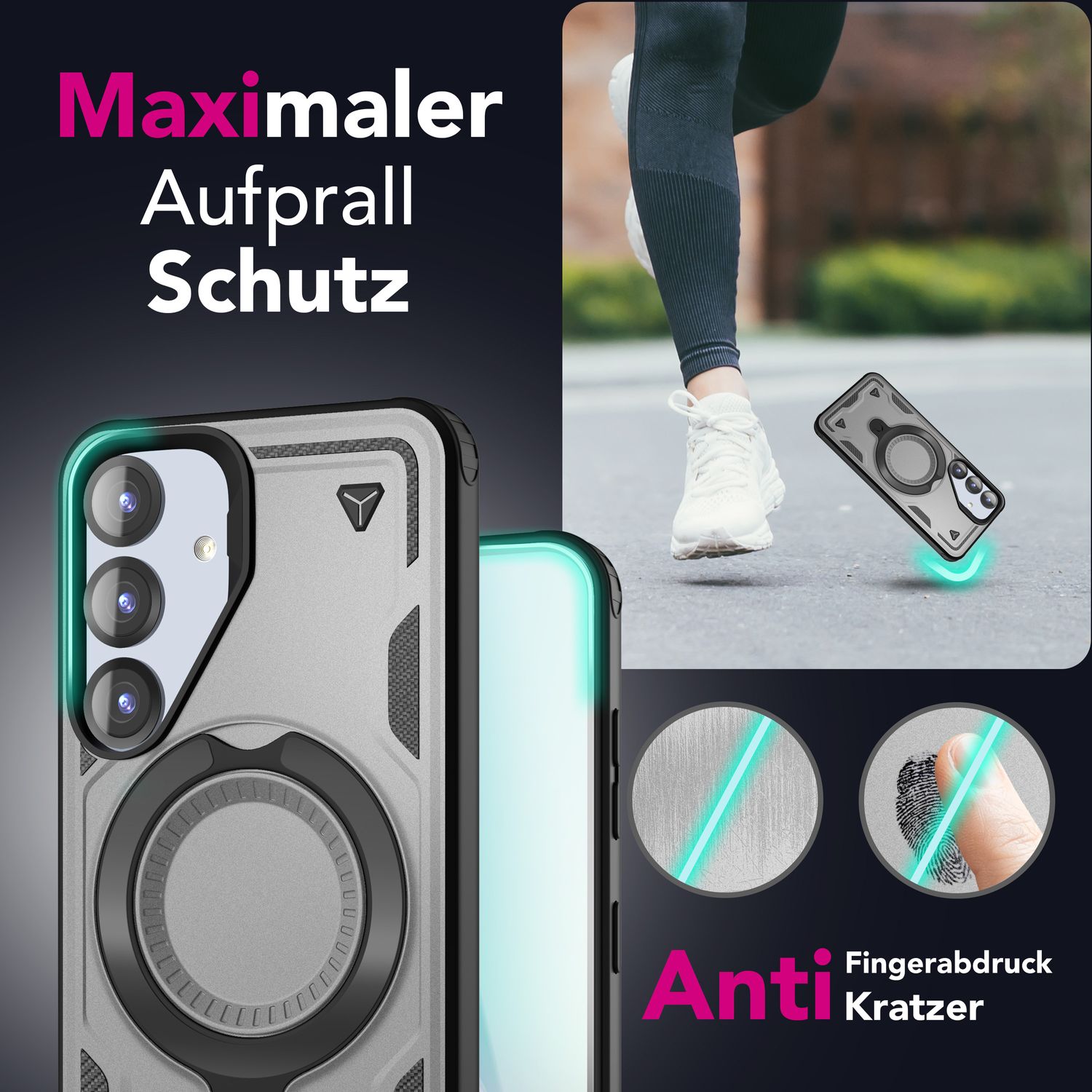 NALIA Stormguard für Samsung Galaxy S25 Hülle für MagSafe, Armor Fallschutz Ringhülle, Stoßfeste Schutzhülle mit 360° Rotationsring für Ständer und Magnetisch Laden Titan Grau NALIA Outdoor Hülle