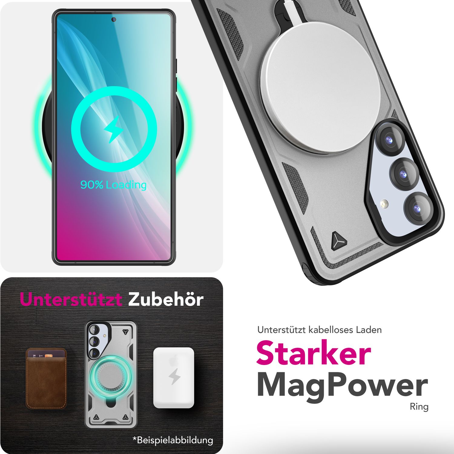 NALIA Stormguard für Samsung Galaxy S25 Hülle für MagSafe, Armor Fallschutz Ringhülle, Stoßfeste Schutzhülle mit 360° Rotationsring für Ständer und Magnetisch Laden Titan Grau NALIA Outdoor Hülle