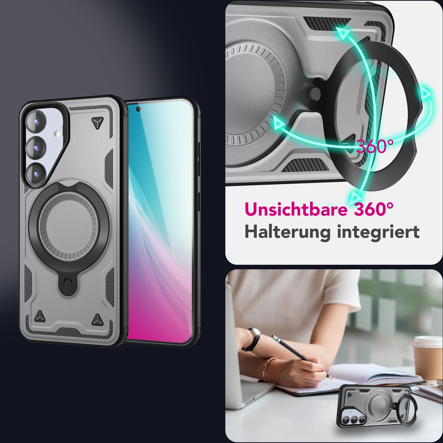 NALIA Stormguard für Samsung Galaxy S25 Hülle für MagSafe, Armor Fallschutz Ringhülle, Stoßfeste Schutzhülle mit 360° Rotationsring für Ständer und Magnetisch Laden Titan Grau NALIA Outdoor Hülle