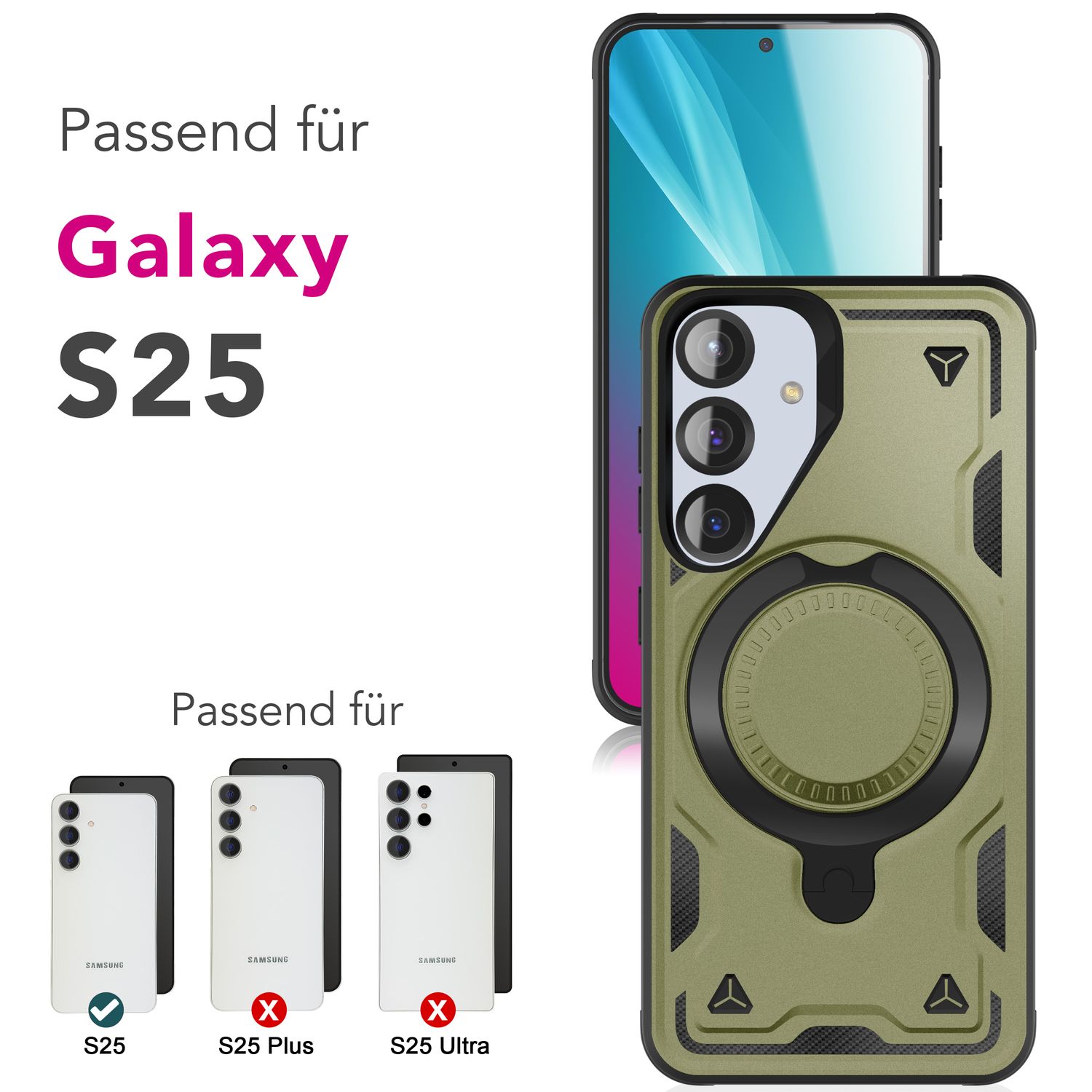 NALIA Stormguard für Samsung Galaxy S25 Hülle für MagSafe, Armor Fallschutz Ringhülle, Stoßfeste Schutzhülle mit 360° Rotationsring für Ständer und Magnetisch Laden Titan Grün NALIA Outdoor Hülle