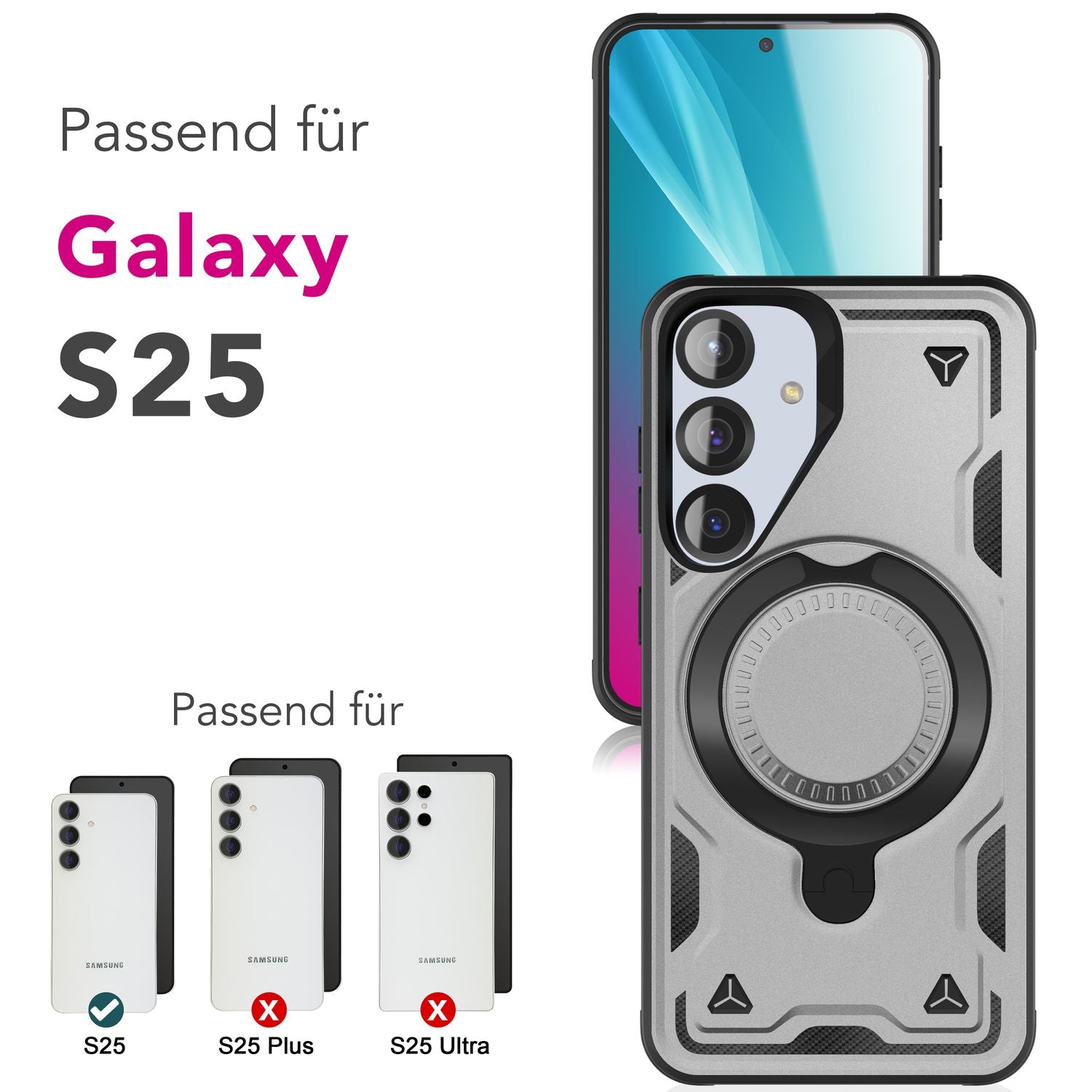 NALIA Stormguard für Samsung Galaxy S25 Hülle für MagSafe, Armor Fallschutz Ringhülle, Stoßfeste Schutzhülle mit 360° Rotationsring für Ständer und Magnetisch Laden Titan Grau NALIA Outdoor Hülle