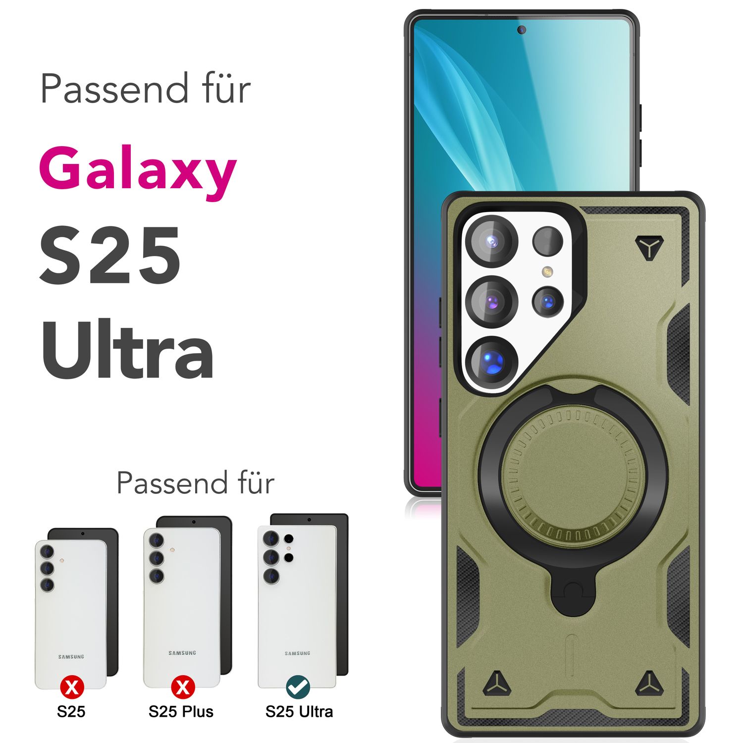 NALIA Stormguard für Samsung Galaxy S25 Ultra Hülle für MagSafe, Armor Military Ringhülle, Schlagfeste Fallschutz Handyhülle mit 360° drehbarem Ring für Standfunktion