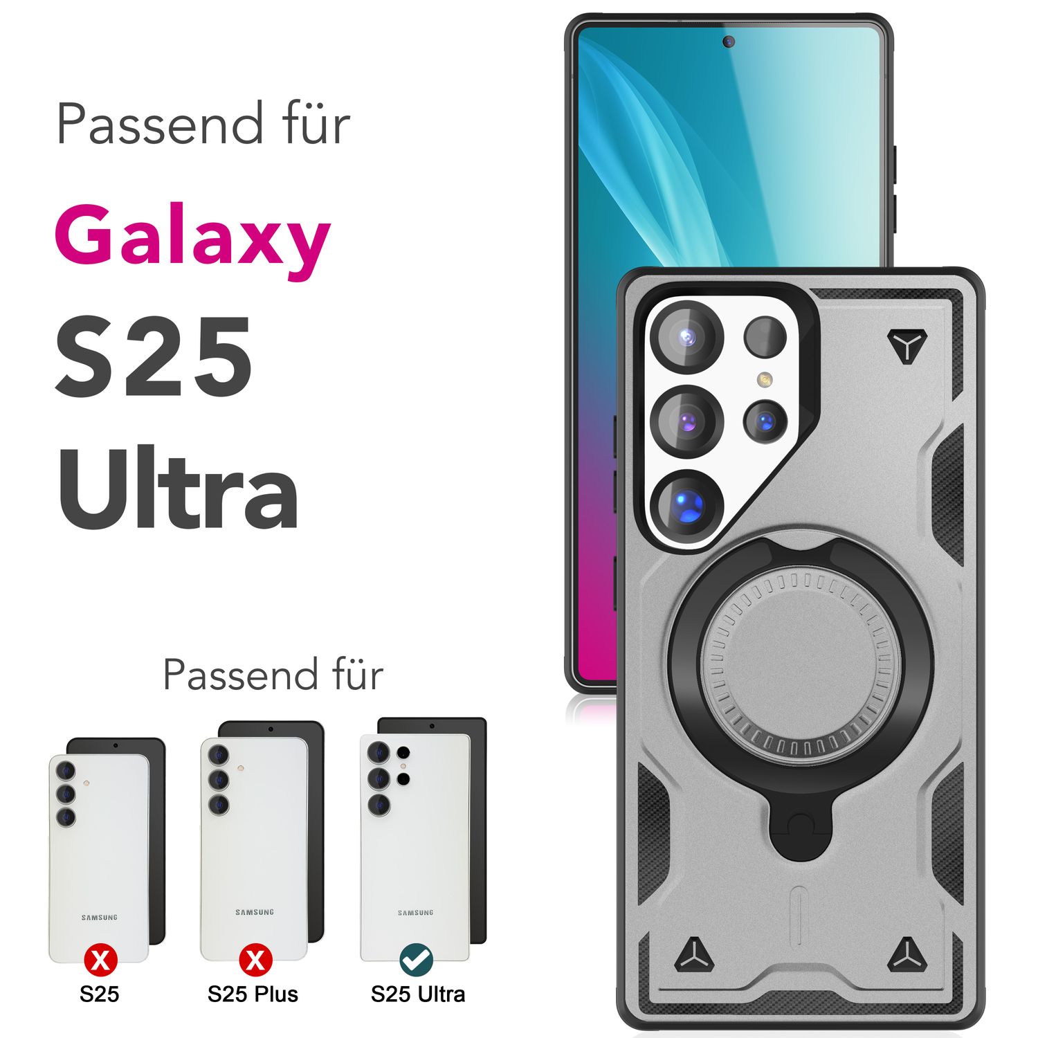 NALIA Stormguard für Samsung Galaxy S25 Ultra Hülle für MagSafe, Armor Military Ringhülle, Schlagfeste Fallschutz Handyhülle mit 360° drehbarem Ring für Standfunktion