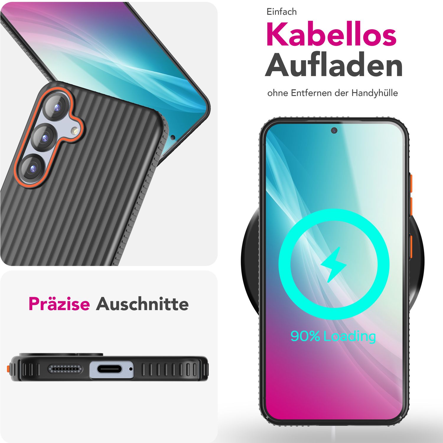 NALIA Nova für Samsung Galaxy S25 Hülle, Ultra-Dünne Harte Schutzhülle mit Wellenstruktur im Metall Look, Rutschfeste Handyhülle mit Fingerabdruck-Resistenz Mitternacht Schwarz NALIA SlimFit Hülle