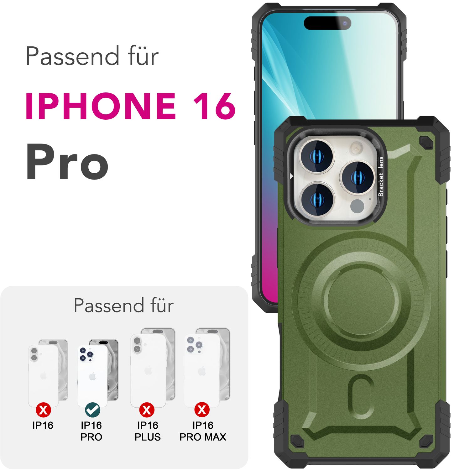 NALIA MagSafe Hülle iPhone 16 Pro Case stoßfest Armor Titan Grün NALIA Outdoor Hülle