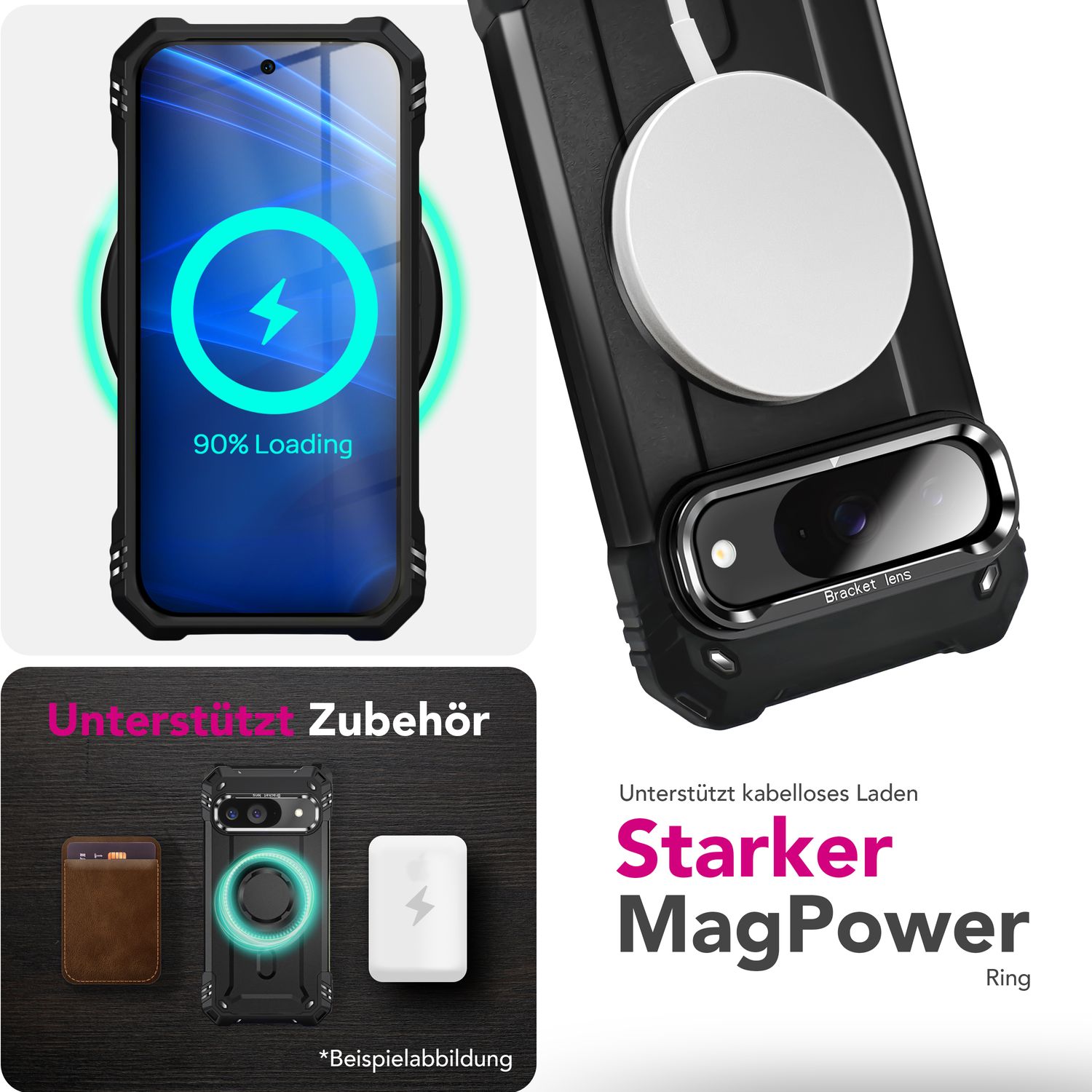 NALIA Granite Hülle für Google Pixel 9 – Handyhülle für MagSafe, Stoßfestes Panzer Hardcase mit Dual-Layer Schutz, Integrierter Metall-Kickstand, Military Cover Vulkanschwarz NALIA Outdoor Hülle