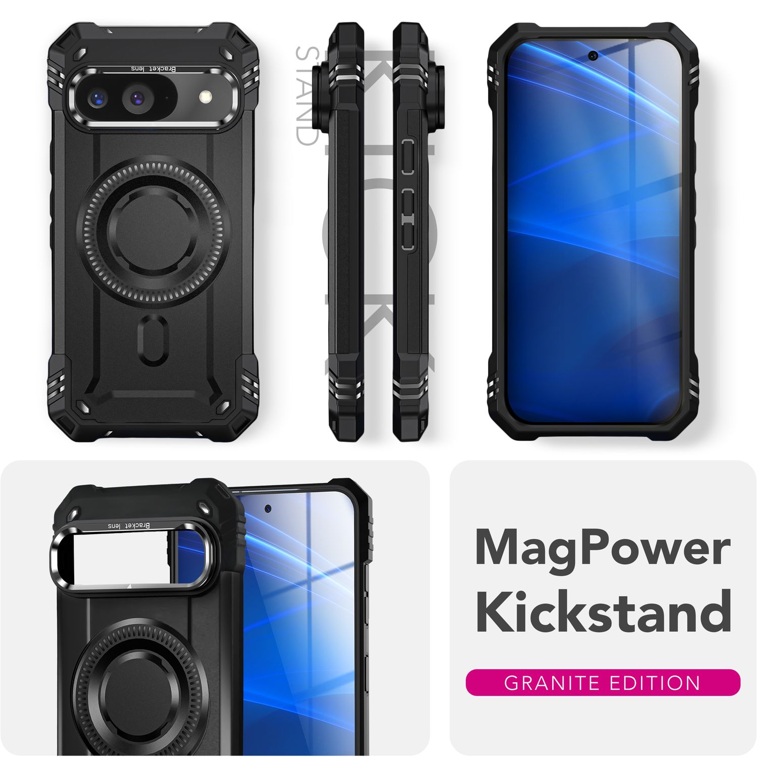 NALIA Granite Hülle für Google Pixel 9 – Handyhülle für MagSafe, Stoßfestes Panzer Hardcase mit Dual-Layer Schutz, Integrierter Metall-Kickstand, Military Cover Vulkanschwarz NALIA Outdoor Hülle