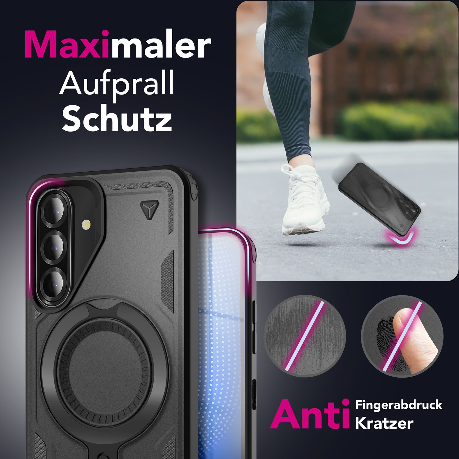 NALIA Stormguard Hülle für Samsung Galaxy A26 – für MagSafe, Stoßfeste Panzer Schutzhülle mit 360° Dreh Ring, Outdoor Kickstand Case mit Fallschutz, Military Cover Vulkanschwarz NALIA Outdoor Hülle