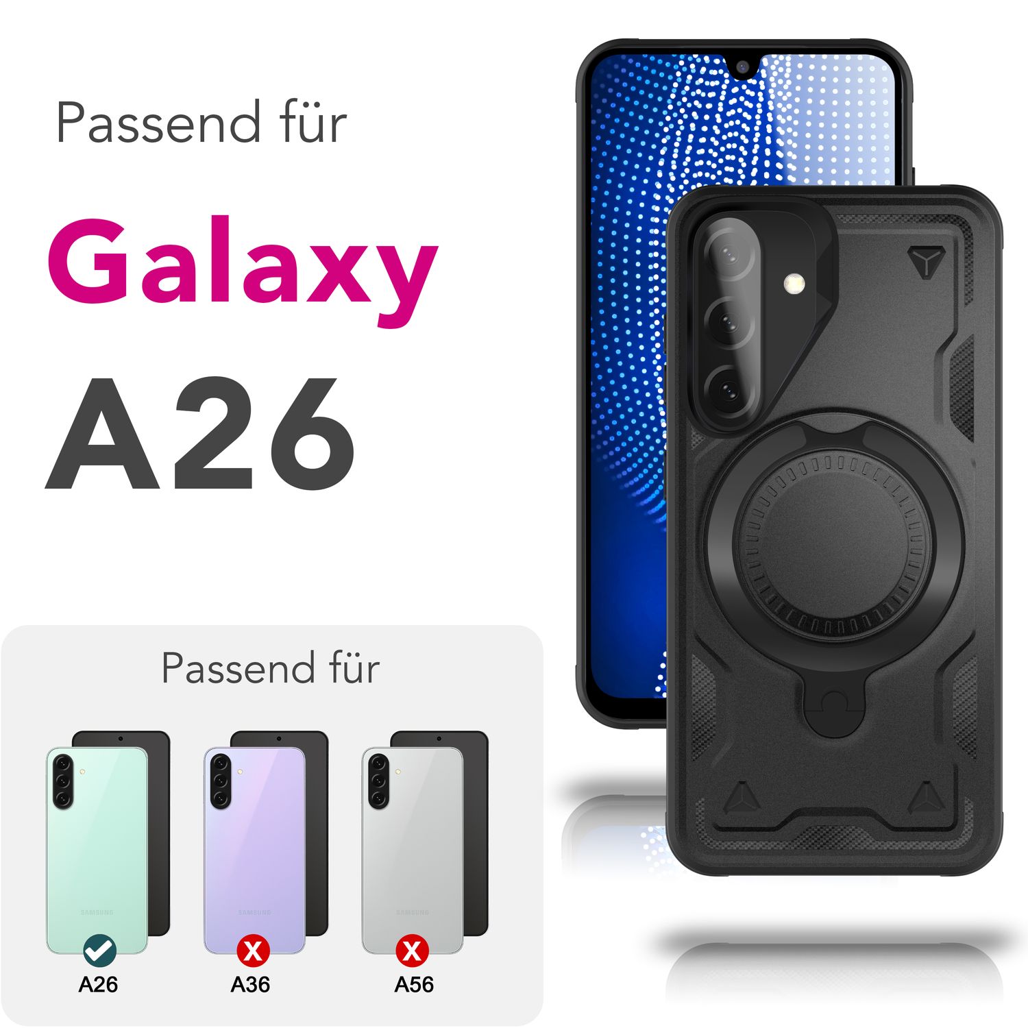 NALIA Stormguard Hülle für Samsung Galaxy A26 – für MagSafe, Stoßfeste Panzer Schutzhülle mit 360° Dreh Ring, Outdoor Kickstand Case mit Fallschutz, Military Cover Vulkanschwarz NALIA Outdoor Hülle