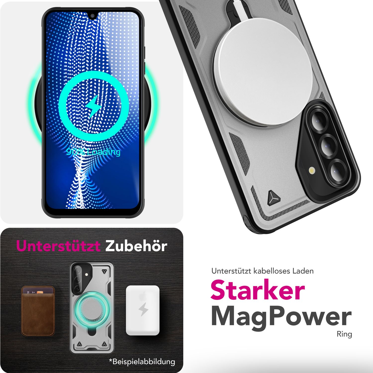 NALIA Stormguard Hülle für Samsung Galaxy A26 – für MagSafe, Stoßfeste Panzer Schutzhülle mit 360° Dreh Ring, Outdoor Kickstand Case mit Fallschutz, Military Cover Sturmsilber NALIA Outdoor Hülle