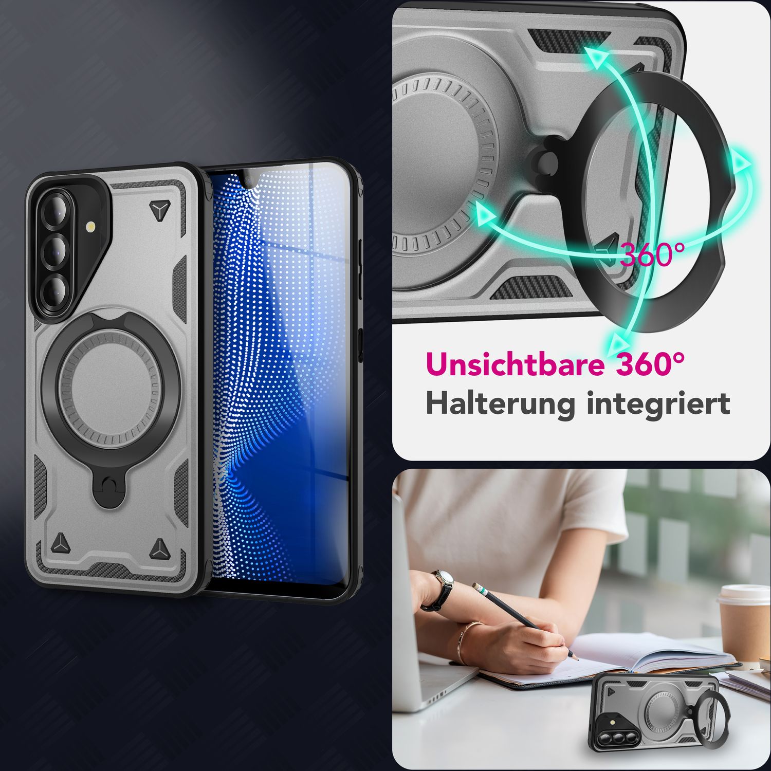 NALIA Stormguard Hülle für Samsung Galaxy A26 – für MagSafe, Stoßfeste Panzer Schutzhülle mit 360° Dreh Ring, Outdoor Kickstand Case mit Fallschutz, Military Cover Sturmsilber NALIA Outdoor Hülle