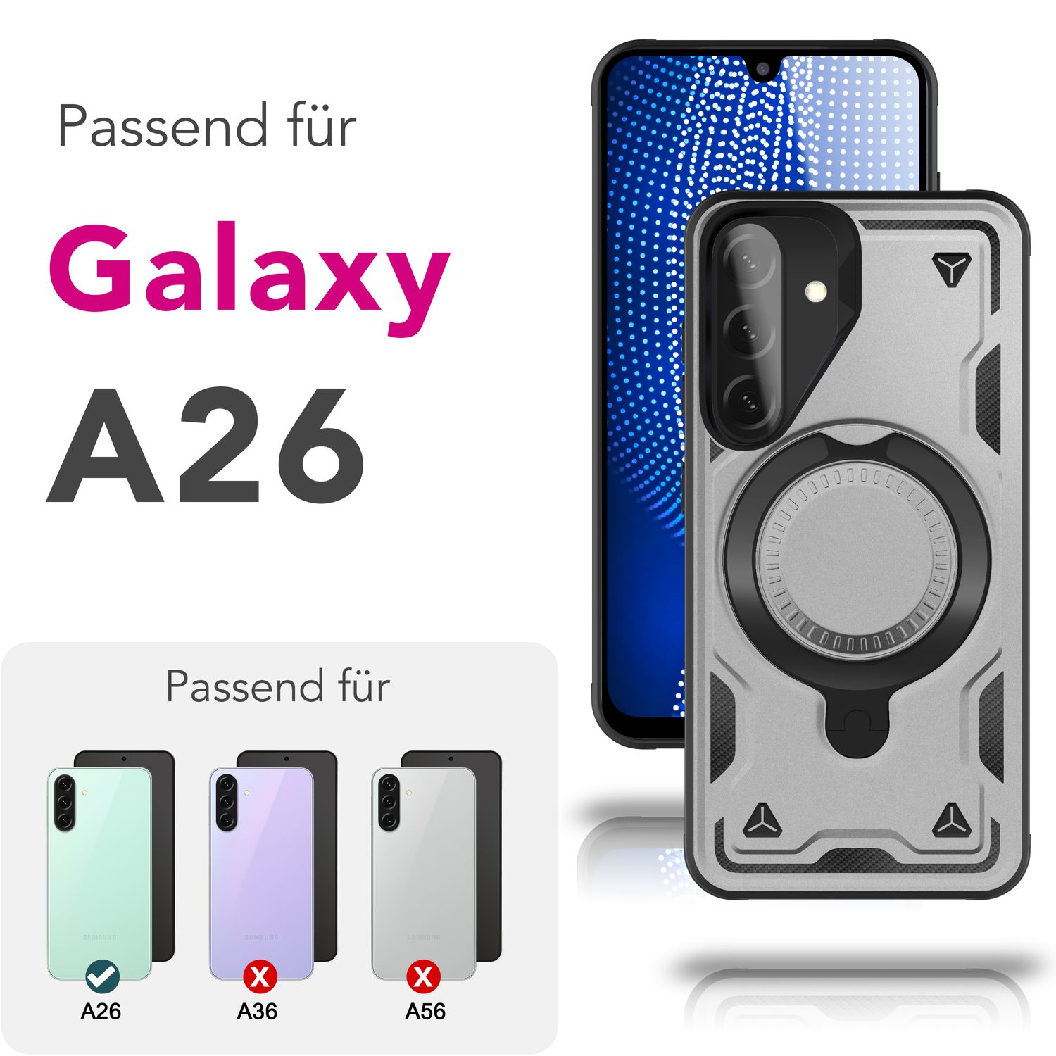 NALIA Stormguard Hülle für Samsung Galaxy A26 – für MagSafe, Stoßfeste Panzer Schutzhülle mit 360° Dreh Ring, Outdoor Kickstand Case mit Fallschutz, Military Cover Sturmsilber NALIA Outdoor Hülle