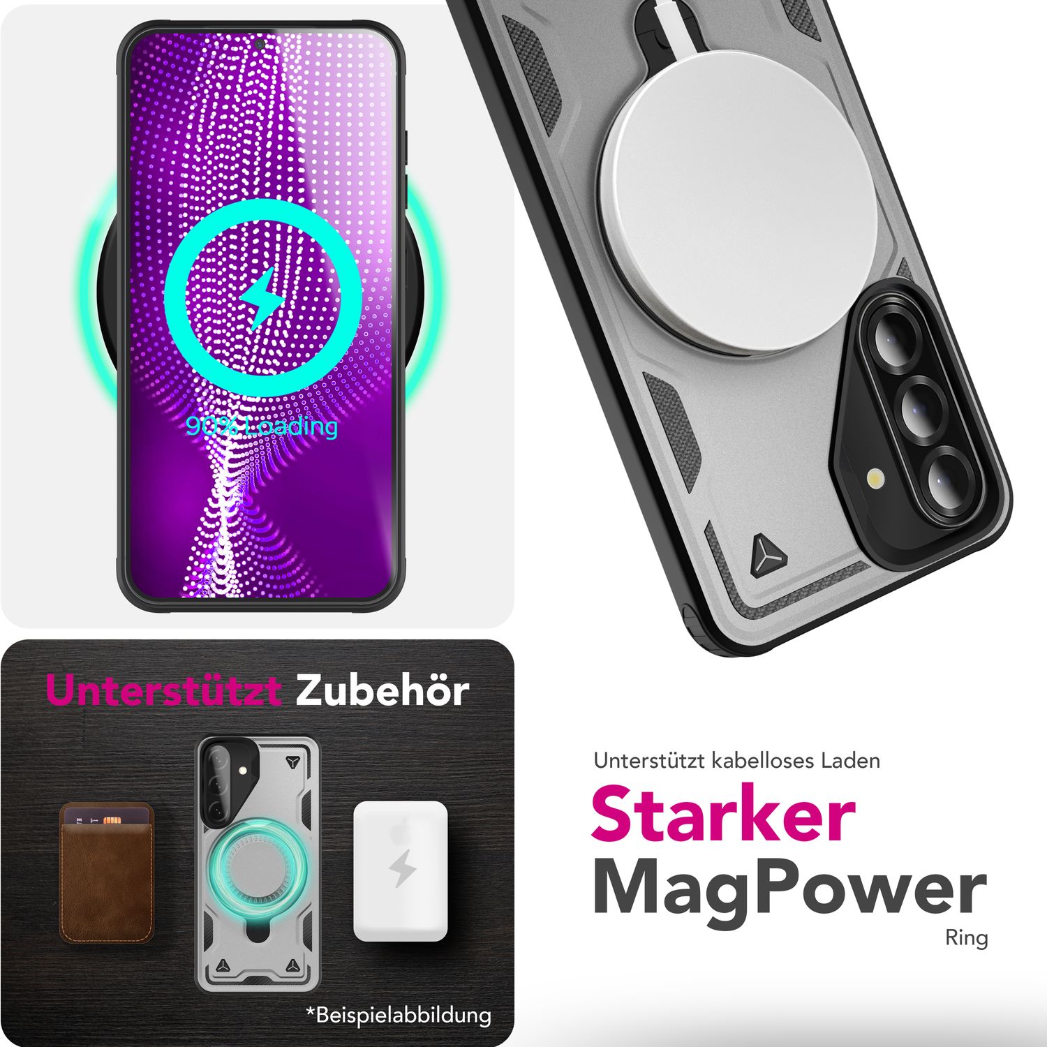 NALIA Stormguard Hülle für Samsung Galaxy A36 – für MagSafe, Military Style Handyhülle mit Stoßdämpfung & 360° Ringhalter, Robustes Hartschalen Cover, Outdoor Case Sturmsilber NALIA Outdoor Hülle