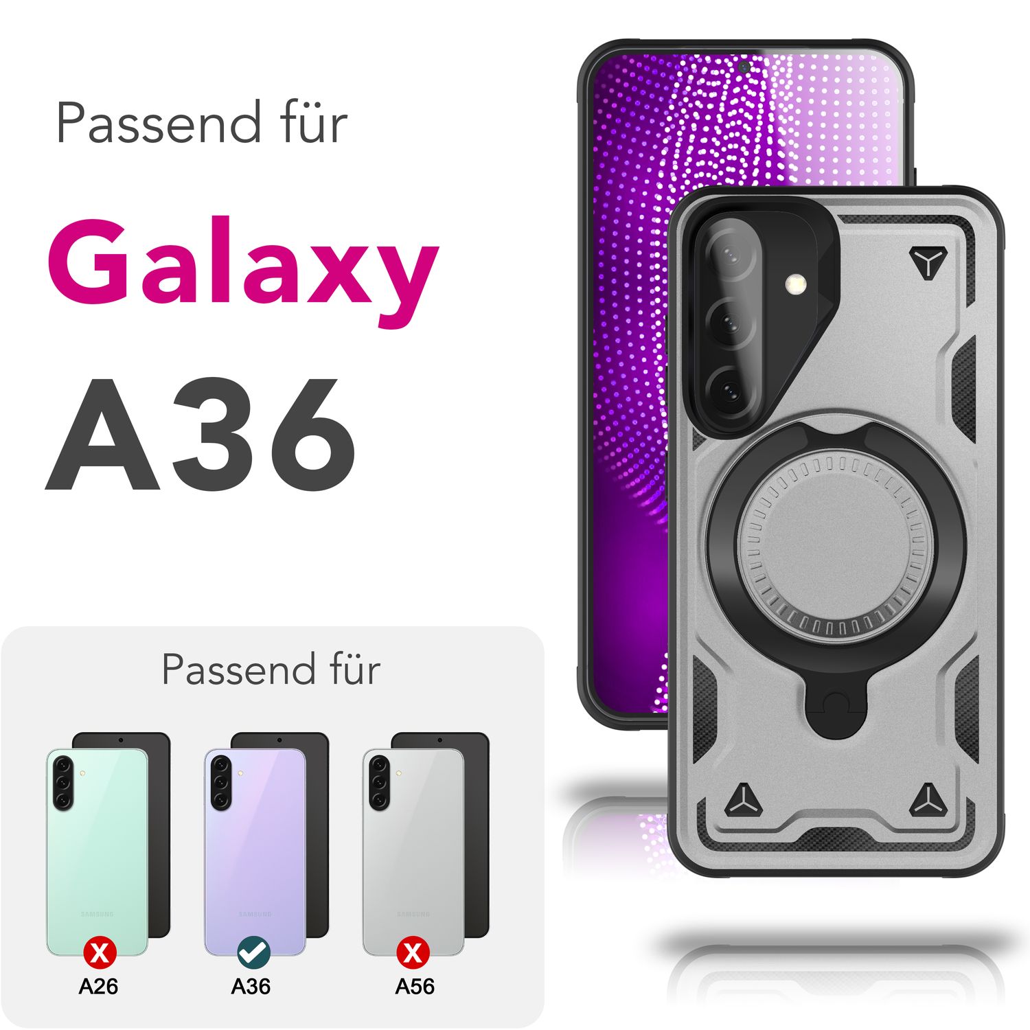 NALIA Stormguard Hülle für Samsung Galaxy A36 – für MagSafe, Military Style Handyhülle mit Stoßdämpfung & 360° Ringhalter, Robustes Hartschalen Cover, Outdoor Case Sturmsilber NALIA Outdoor Hülle